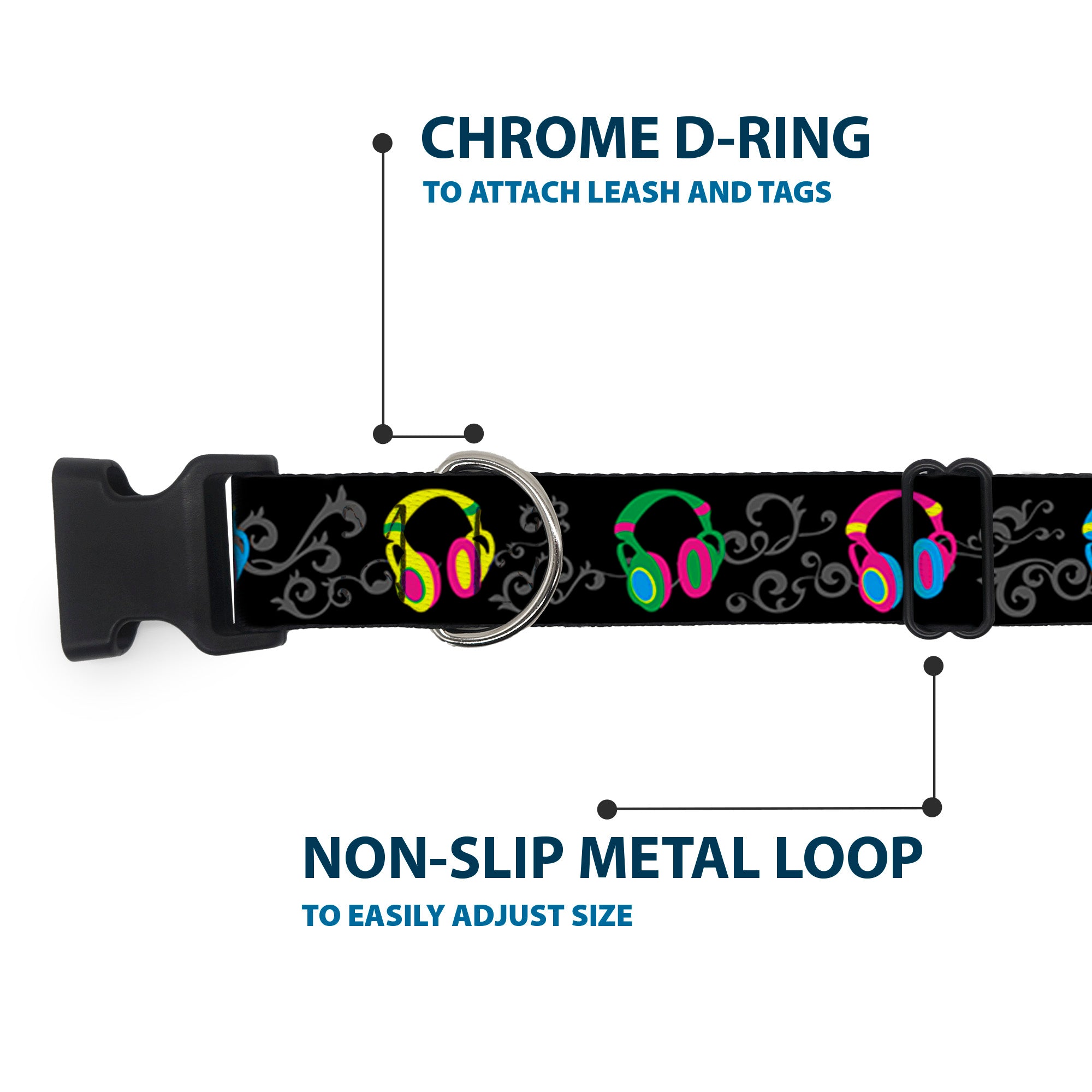 Plastic Clip Collar - Headphones Curls Black/Gray/Neon Plastic Clip Collars Buckle-Down