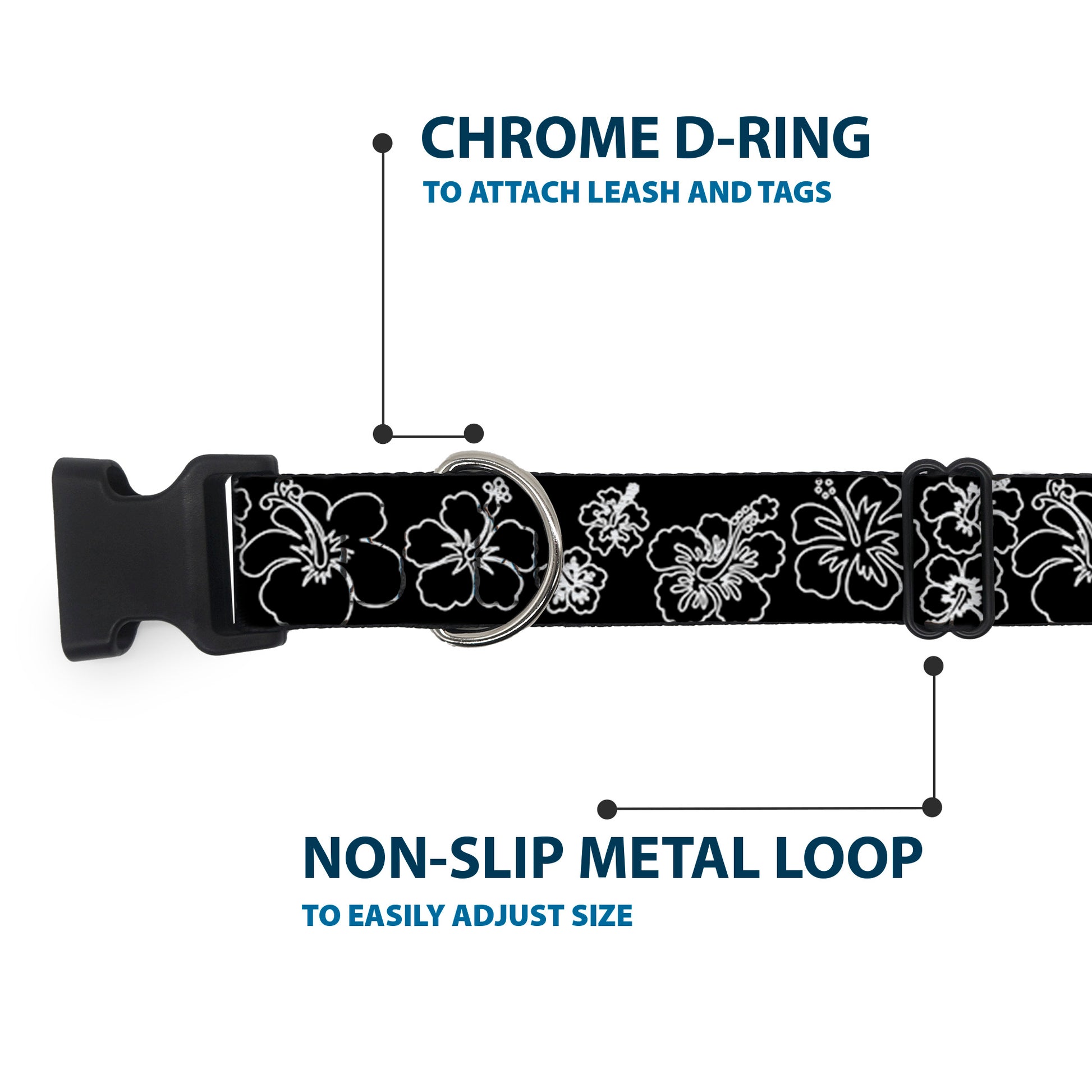 Plastic Clip Collar - Hibiscus Outline Black/White Plastic Clip Collars Buckle-Down