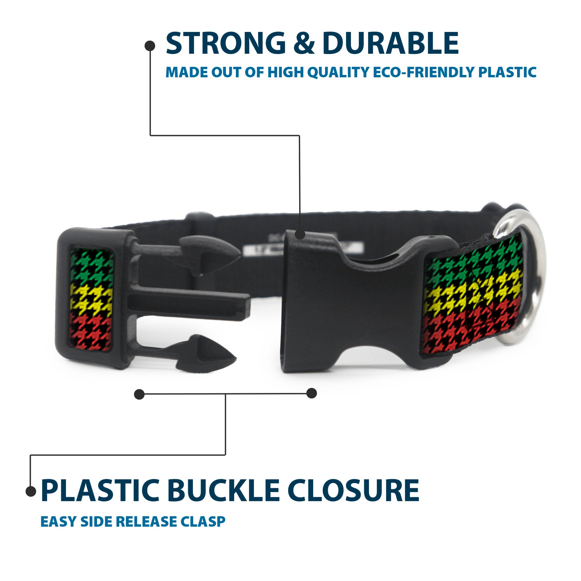 Plastic Clip Collar - Houndstooth Black/Rasta Plastic Clip Collars Buckle-Down