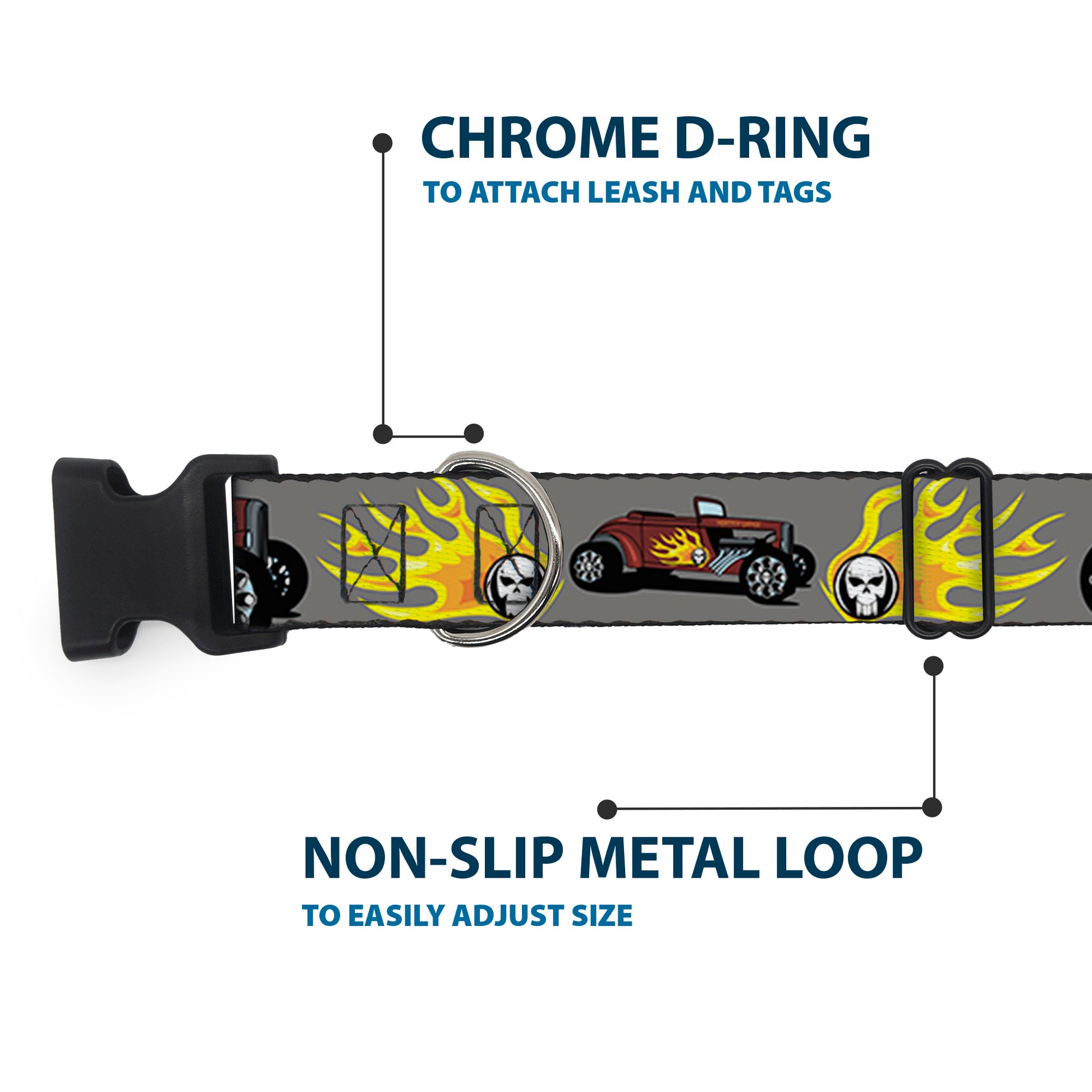 Plastic Clip Collar - Hot Rod w/Flame Skull Plastic Clip Collars Buckle-Down
