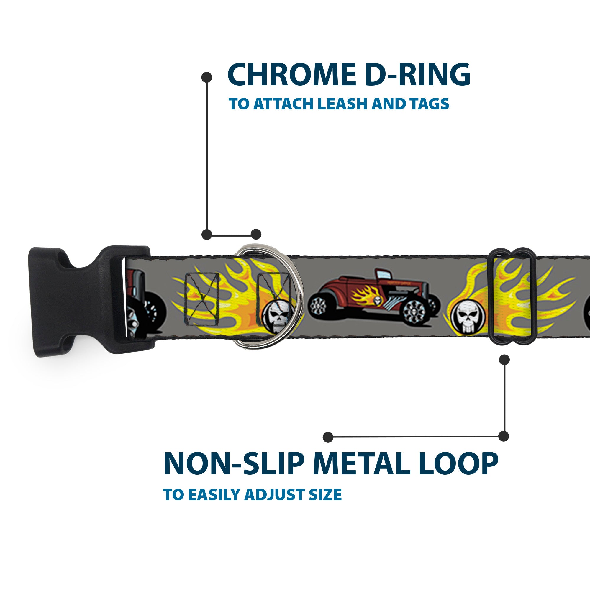Plastic Clip Collar - Hot Rod w/Flame Skull Plastic Clip Collars Buckle-Down