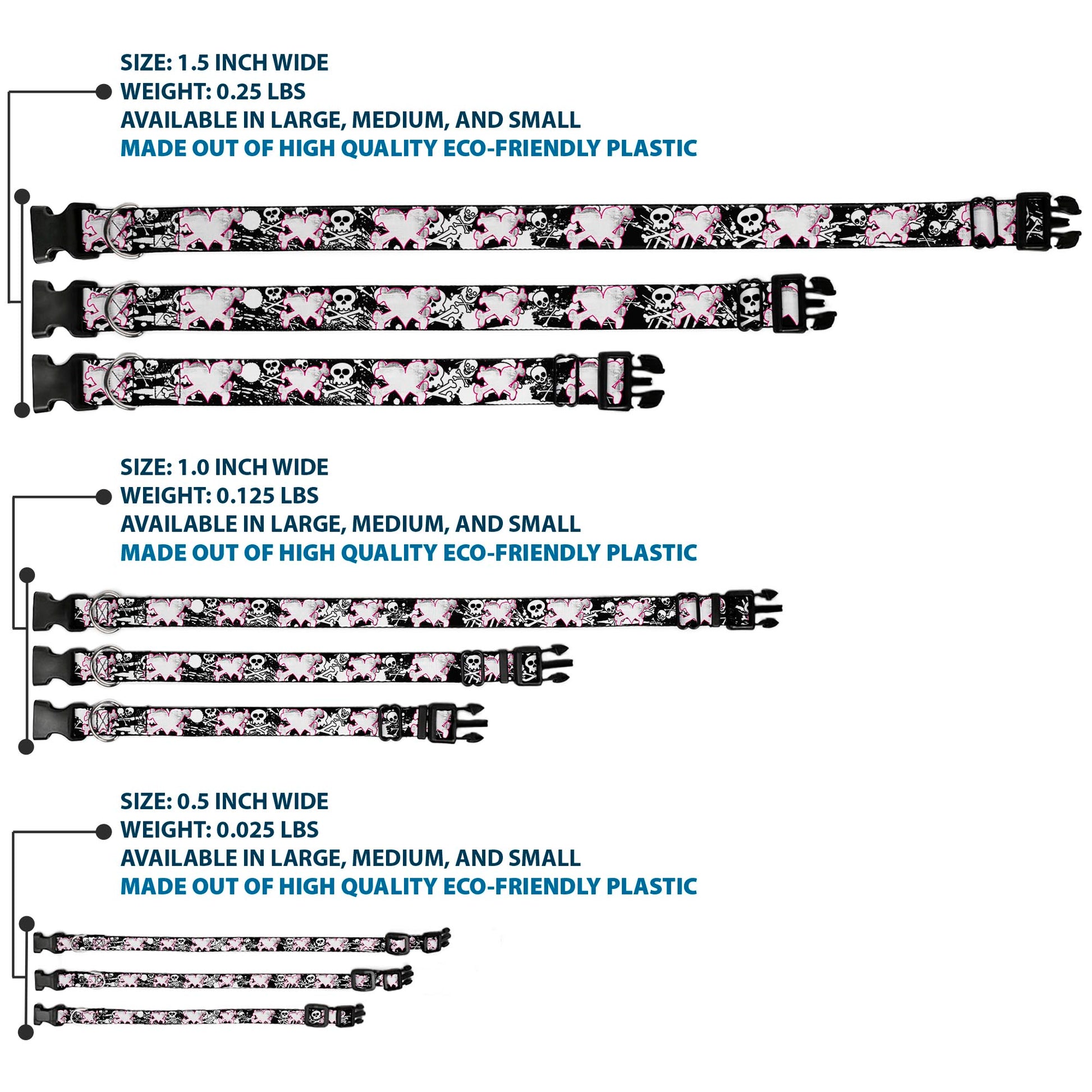 Plastic Clip Collar - Heart & Cross Bones w/Skulls & Splatter Black/White Plastic Clip Collars Buckle-Down
