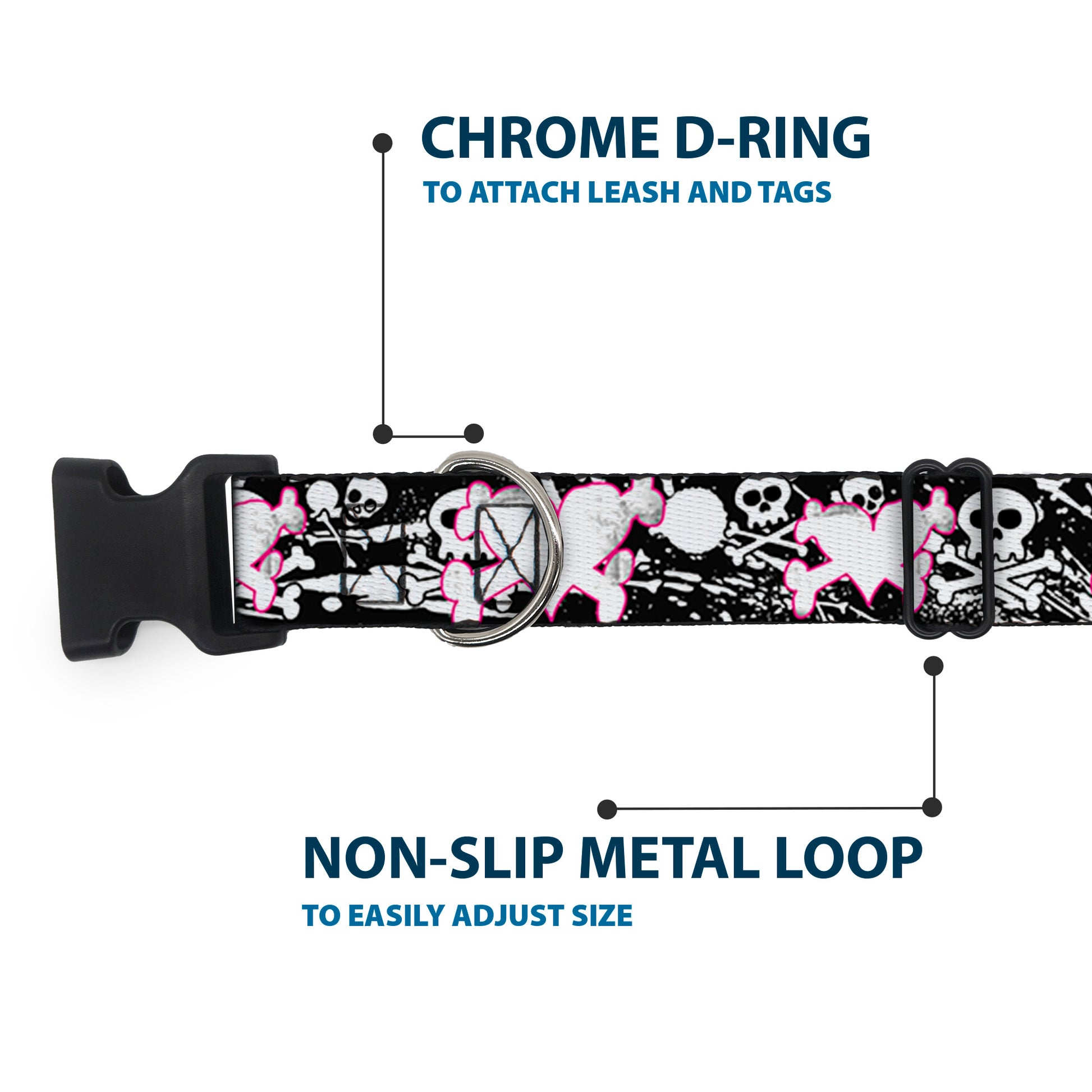 Plastic Clip Collar - Heart & Cross Bones w/Skulls & Splatter Black/White Plastic Clip Collars Buckle-Down