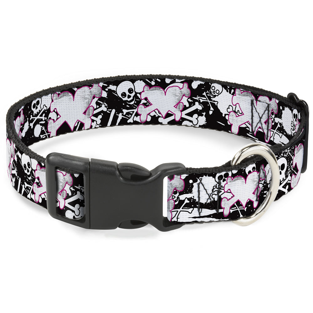 Plastic Clip Collar - Heart & Cross Bones w/Skulls & Splatter Black/White Plastic Clip Collars Buckle-Down