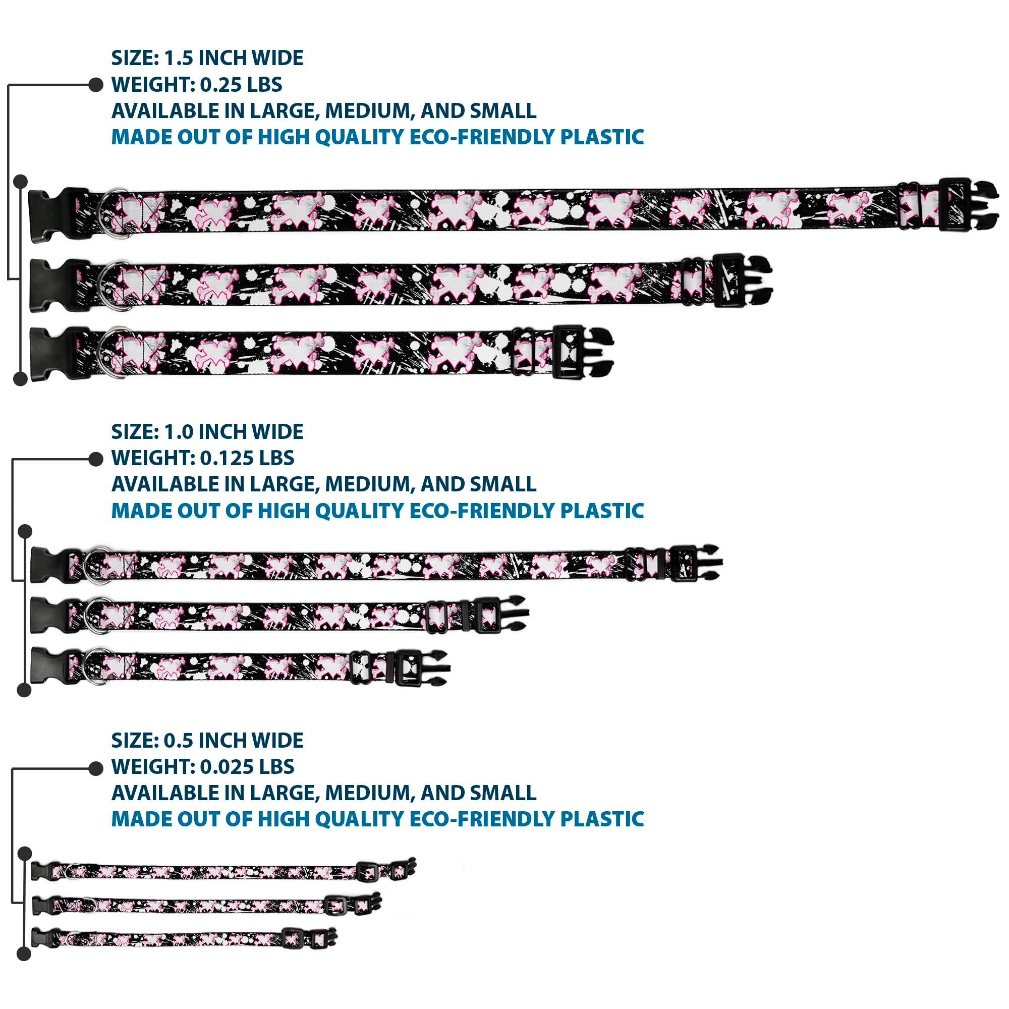 Plastic Clip Collar - Heart & Cross Bones w/Splatter Black/White Plastic Clip Collars Buckle-Down