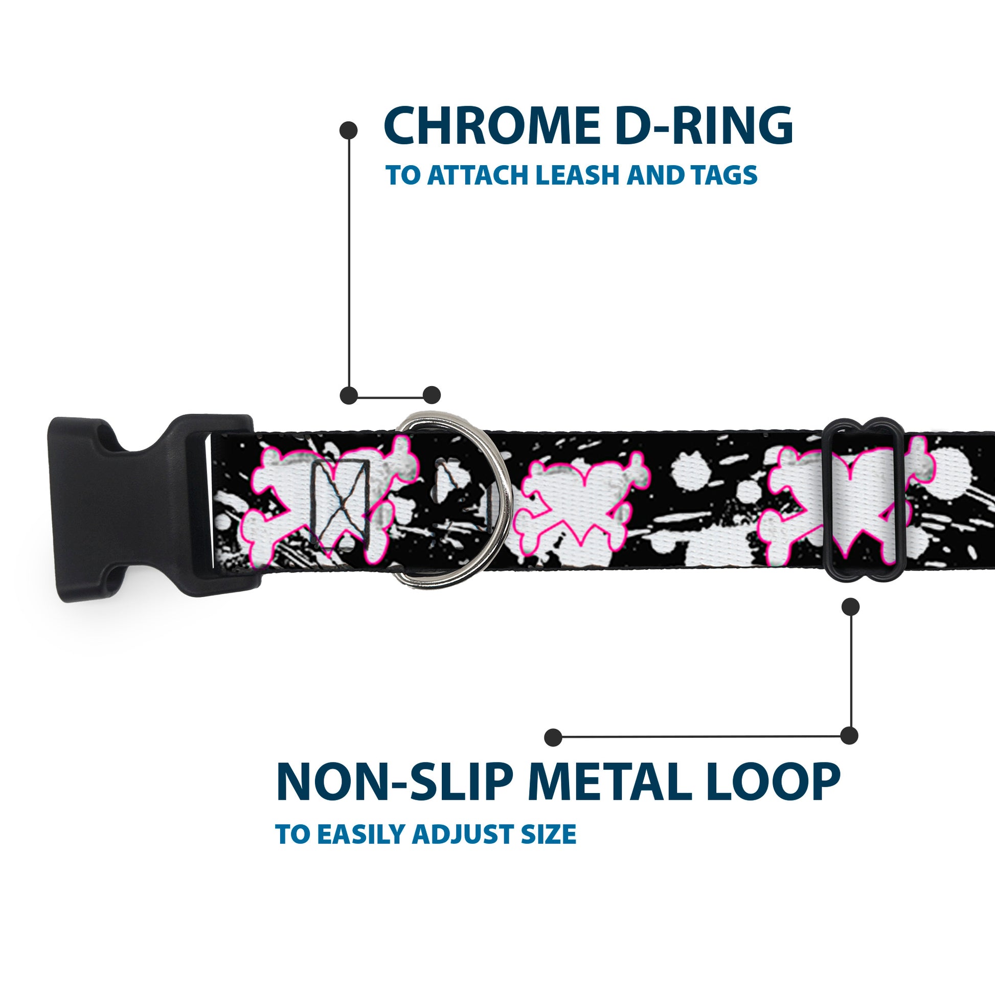 Plastic Clip Collar - Heart & Cross Bones w/Splatter Black/White Plastic Clip Collars Buckle-Down