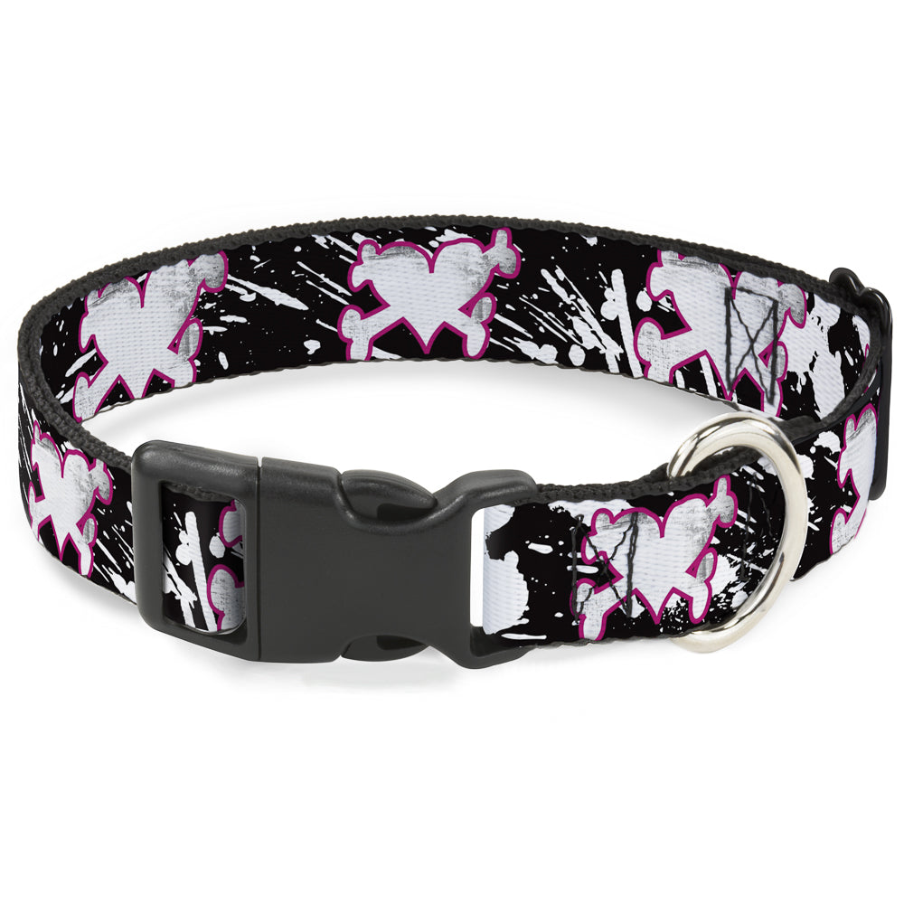 Plastic Clip Collar - Heart & Cross Bones w/Splatter Black/White Plastic Clip Collars Buckle-Down