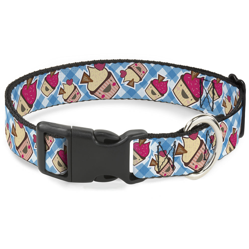 Plastic Clip Collar - Happy Cupcakes Buffalo Plaid White/Blue Plastic Clip Collars Buckle-Down