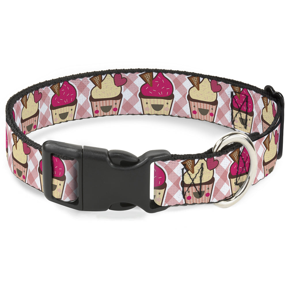 Plastic Clip Collar - Happy Cupcakes Buffalo Plaid White/Pink Plastic Clip Collars Buckle-Down