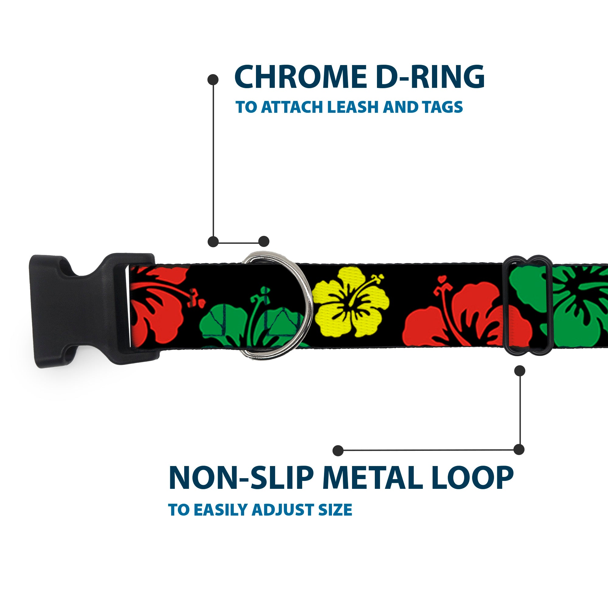 Plastic Clip Collar - Hibiscus CLOSE-UP Black/Green/Yellow/Red Plastic Clip Collars Buckle-Down
