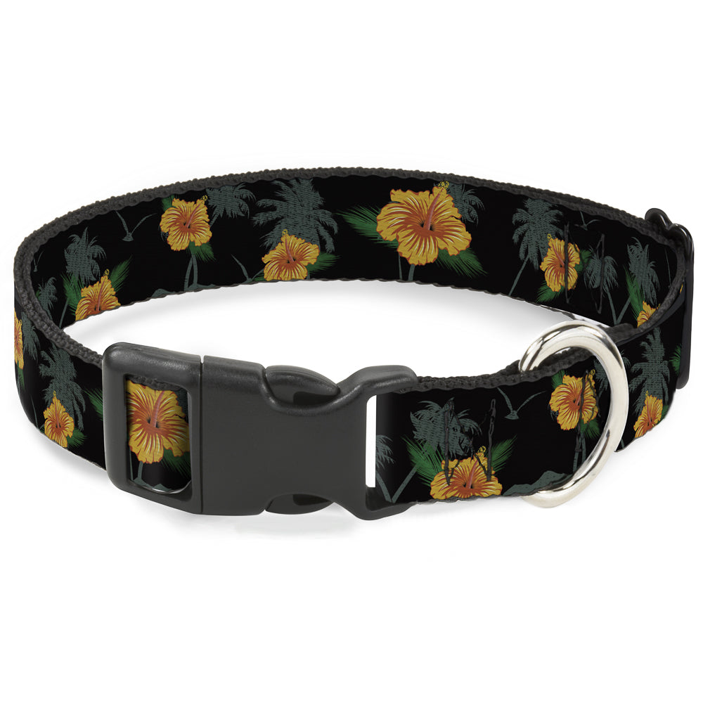 Plastic Clip Collar - Hibiscus Flowers Black/Green/Orange Plastic Clip Collars Buckle-Down