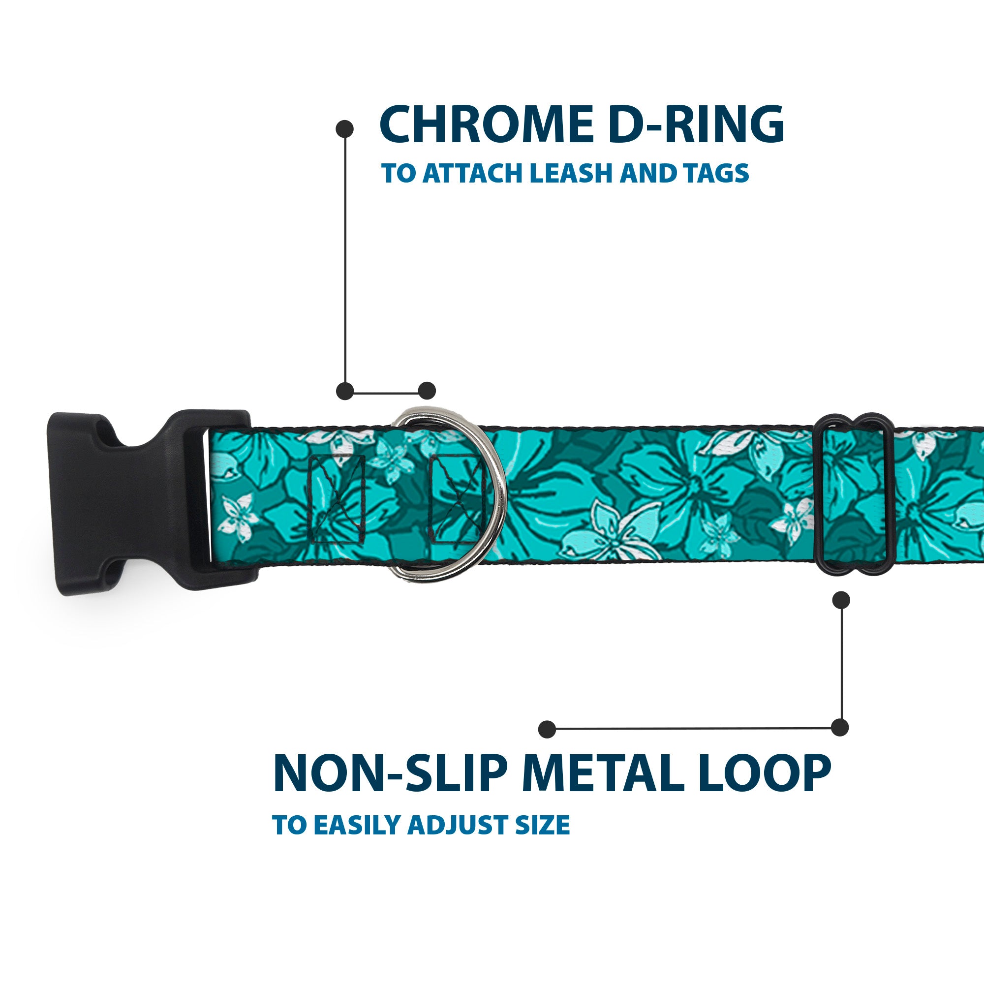 Plastic Clip Collar - Hibiscus Collage Turquoise Shades Plastic Clip Collars Buckle-Down