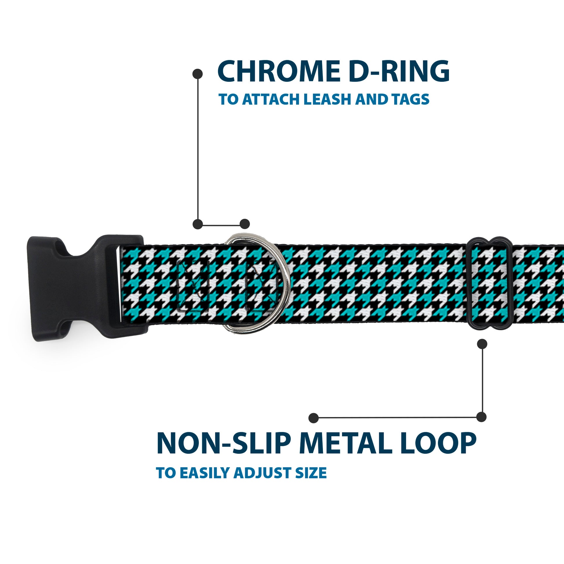 Plastic Clip Collar - Houndstooth Black/White/Turquoise Plastic Clip Collars Buckle-Down