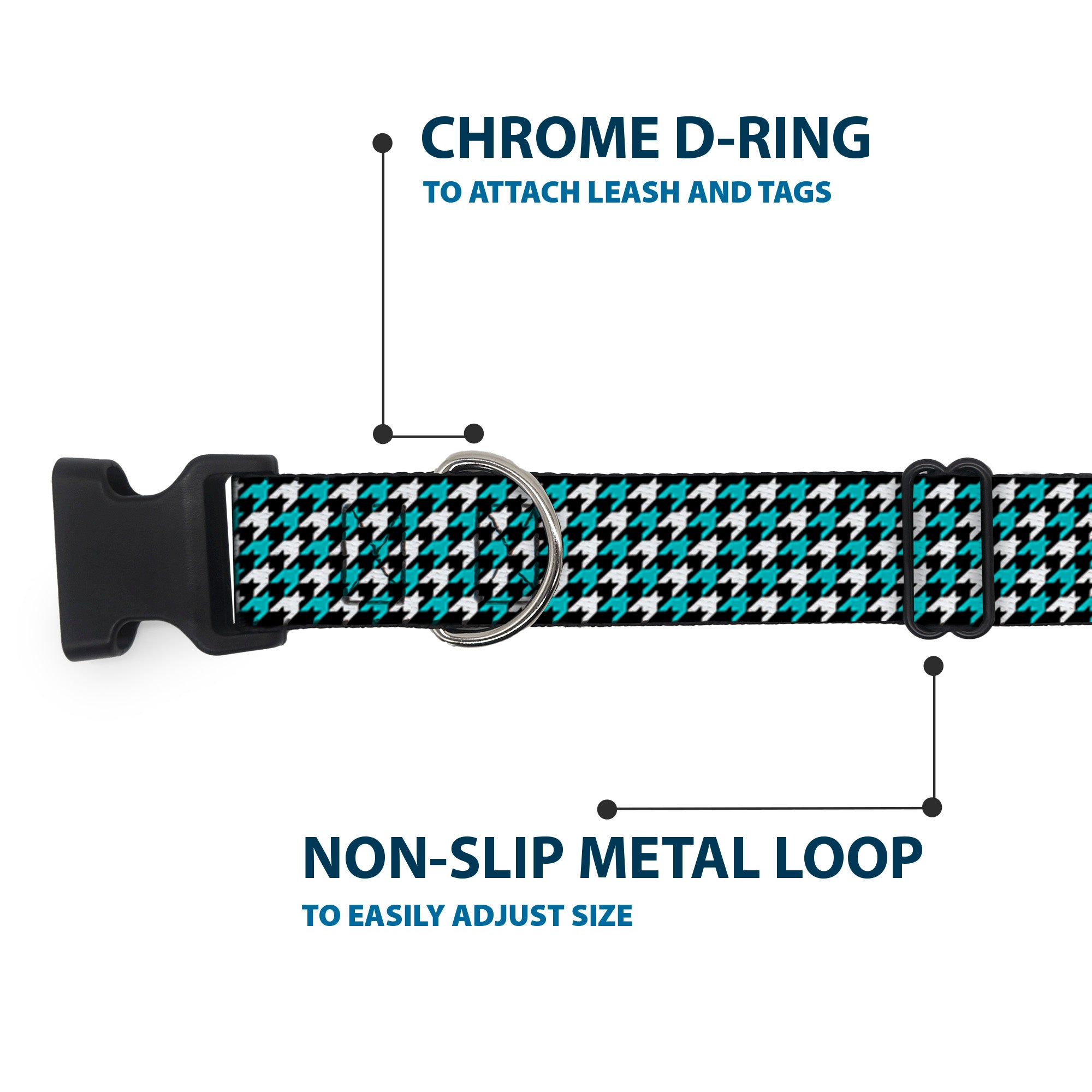 Plastic Clip Collar - Houndstooth Black/White/Turquoise Plastic Clip Collars Buckle-Down