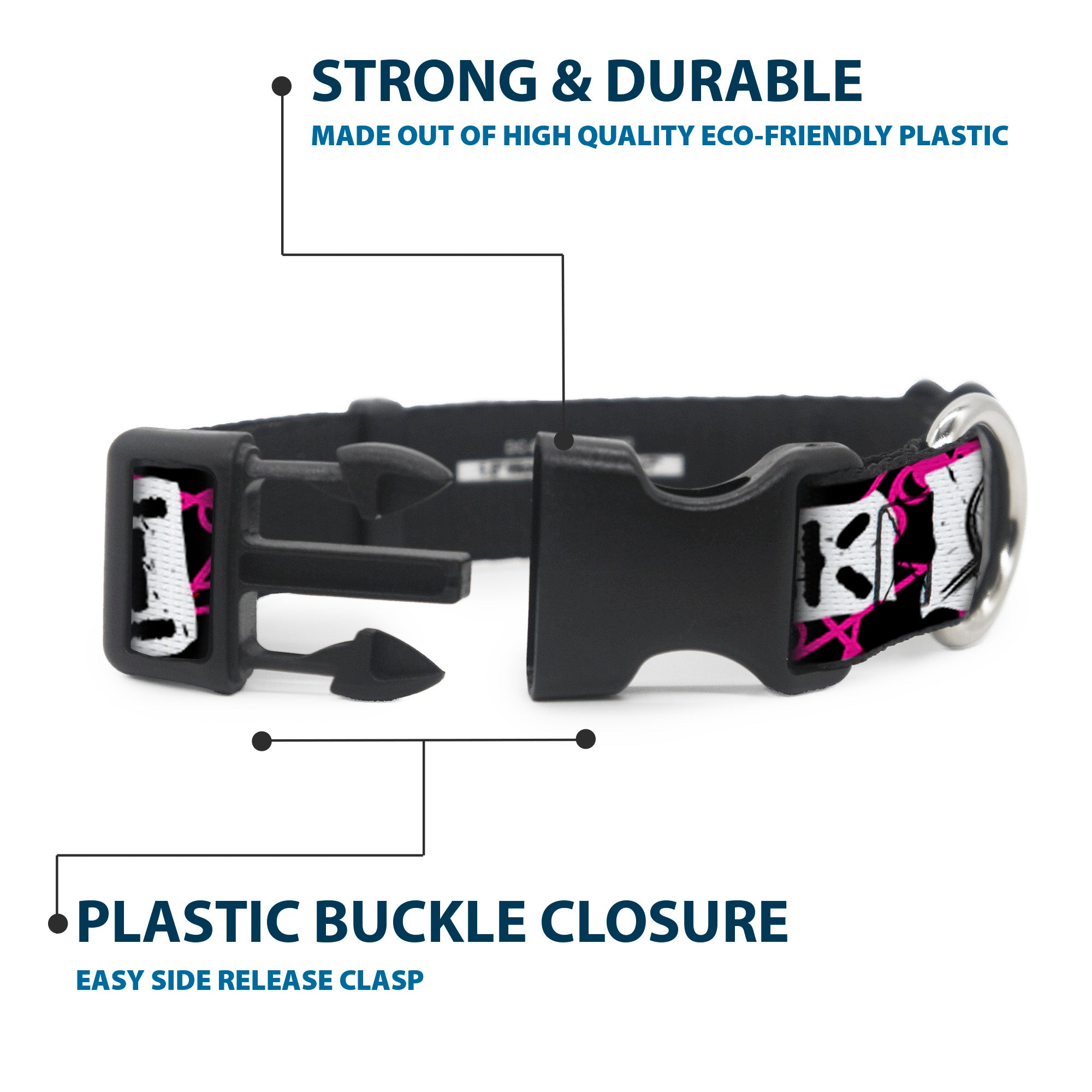 Plastic Clip Collar - I Heart Punk Rock w/Safety Pins Black/Fuchsia/White Plastic Clip Collars Buckle-Down