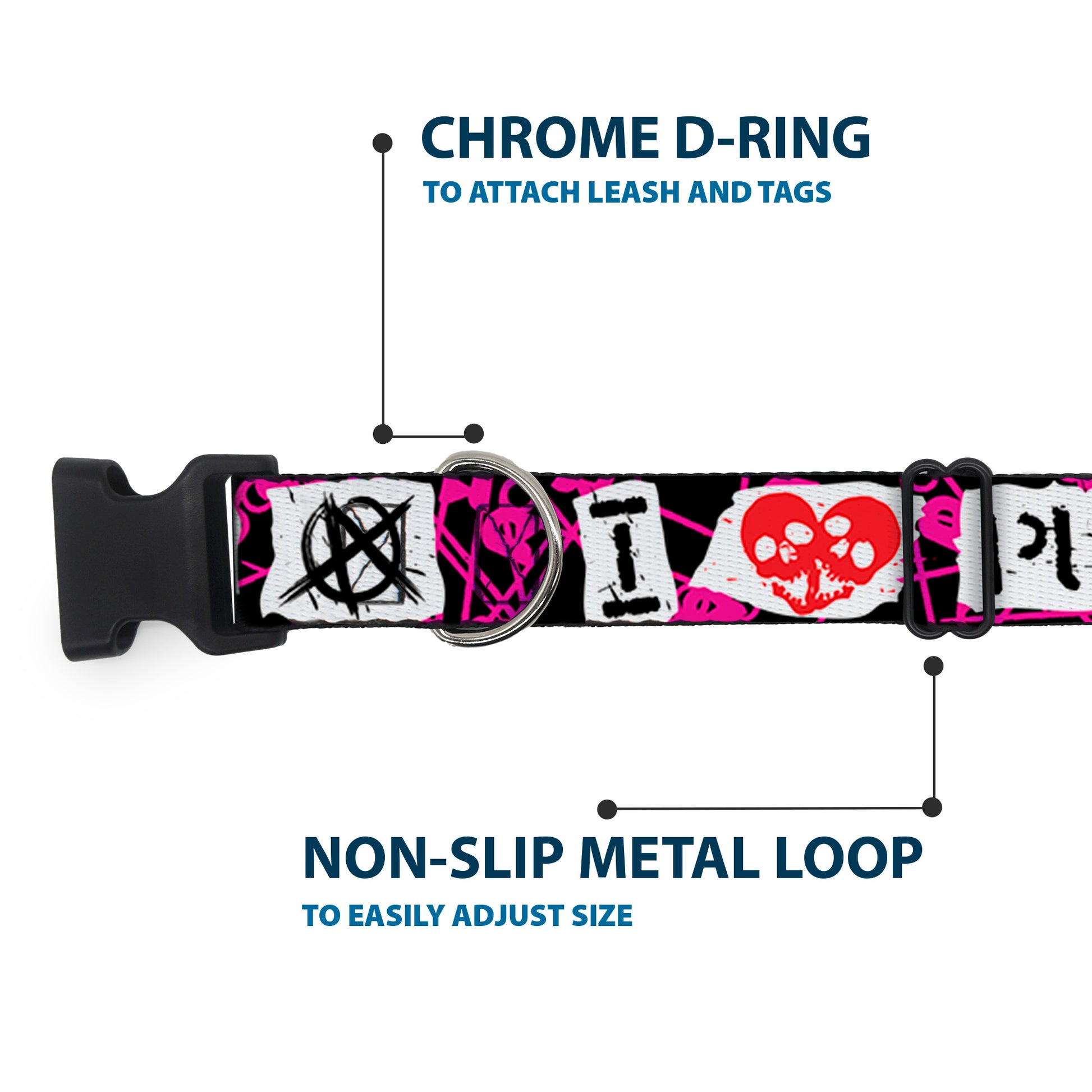 Plastic Clip Collar - I Heart Punk Rock w/Safety Pins Black/Fuchsia/White Plastic Clip Collars Buckle-Down