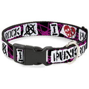 Plastic Clip Collar - I Heart Punk Rock w/Safety Pins Black/Fuchsia/White Plastic Clip Collars Buckle-Down