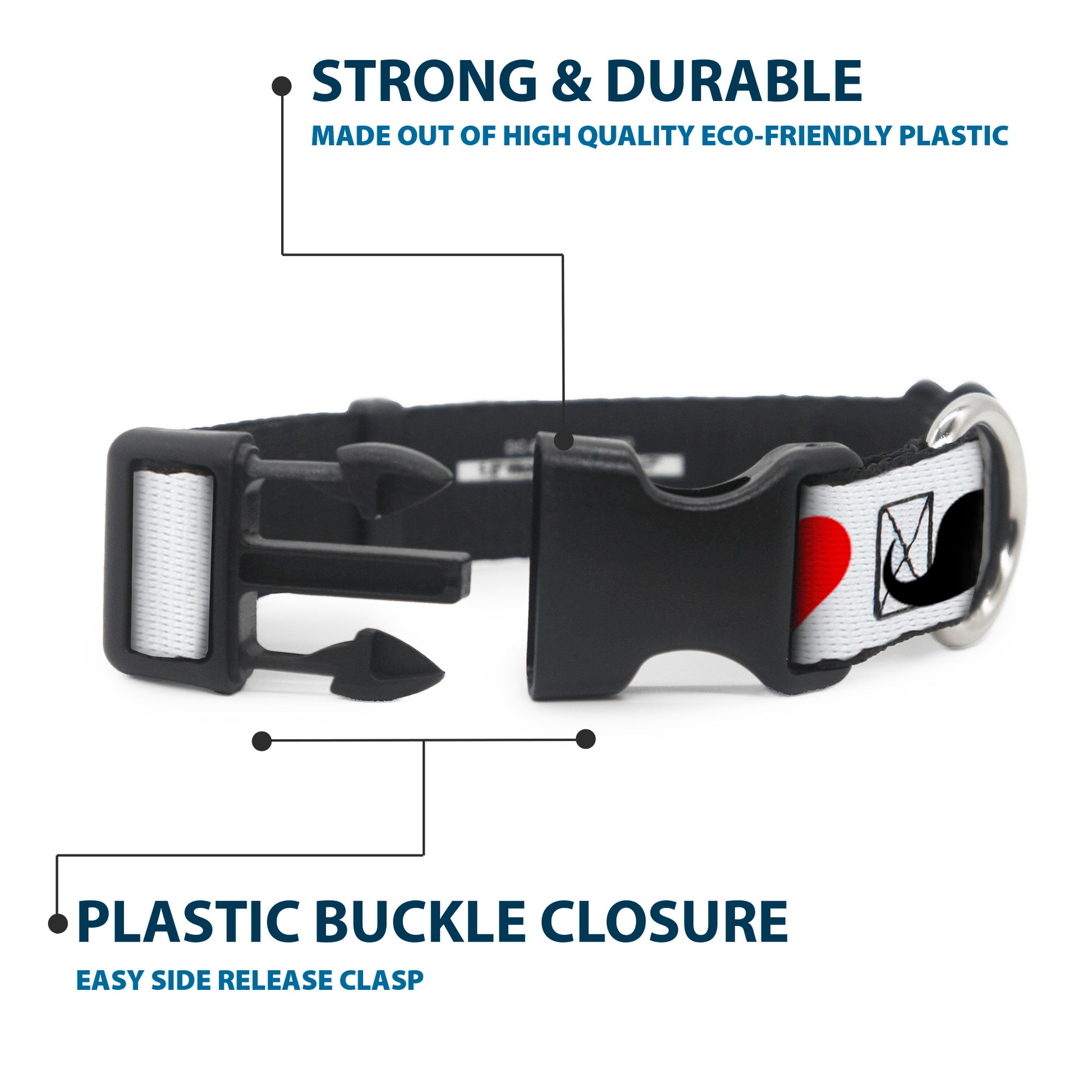Plastic Clip Collar - I "Heart Mustache" White/Black/Red Plastic Clip Collars Buckle-Down