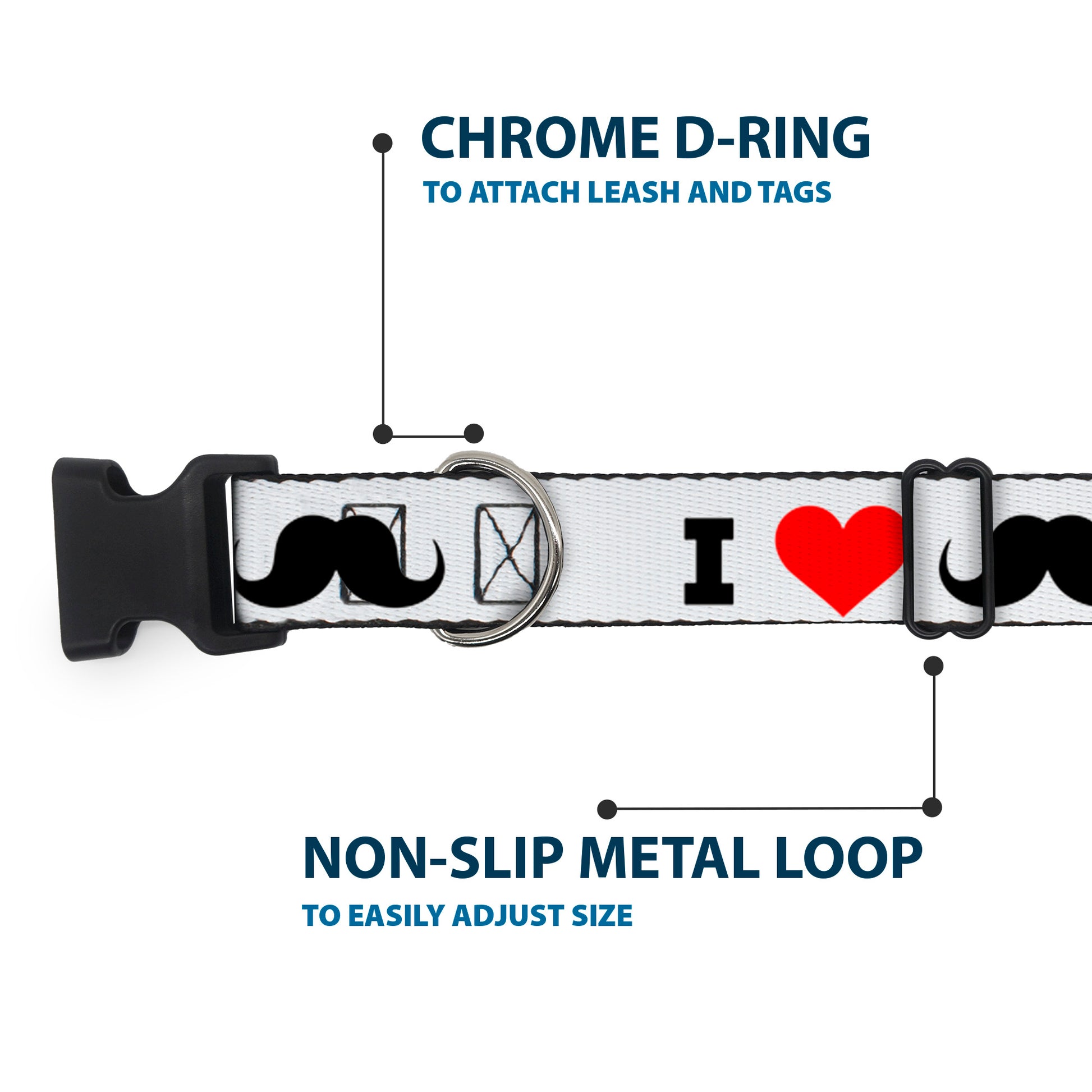 Plastic Clip Collar - I "Heart Mustache" White/Black/Red Plastic Clip Collars Buckle-Down