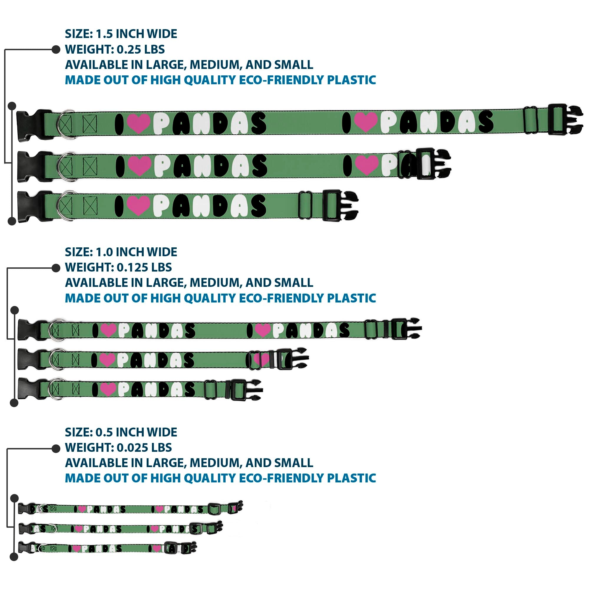 Plastic Clip Collar - I "Heart" PANDAS Green/White/Black/Pink Plastic Clip Collars Buckle-Down