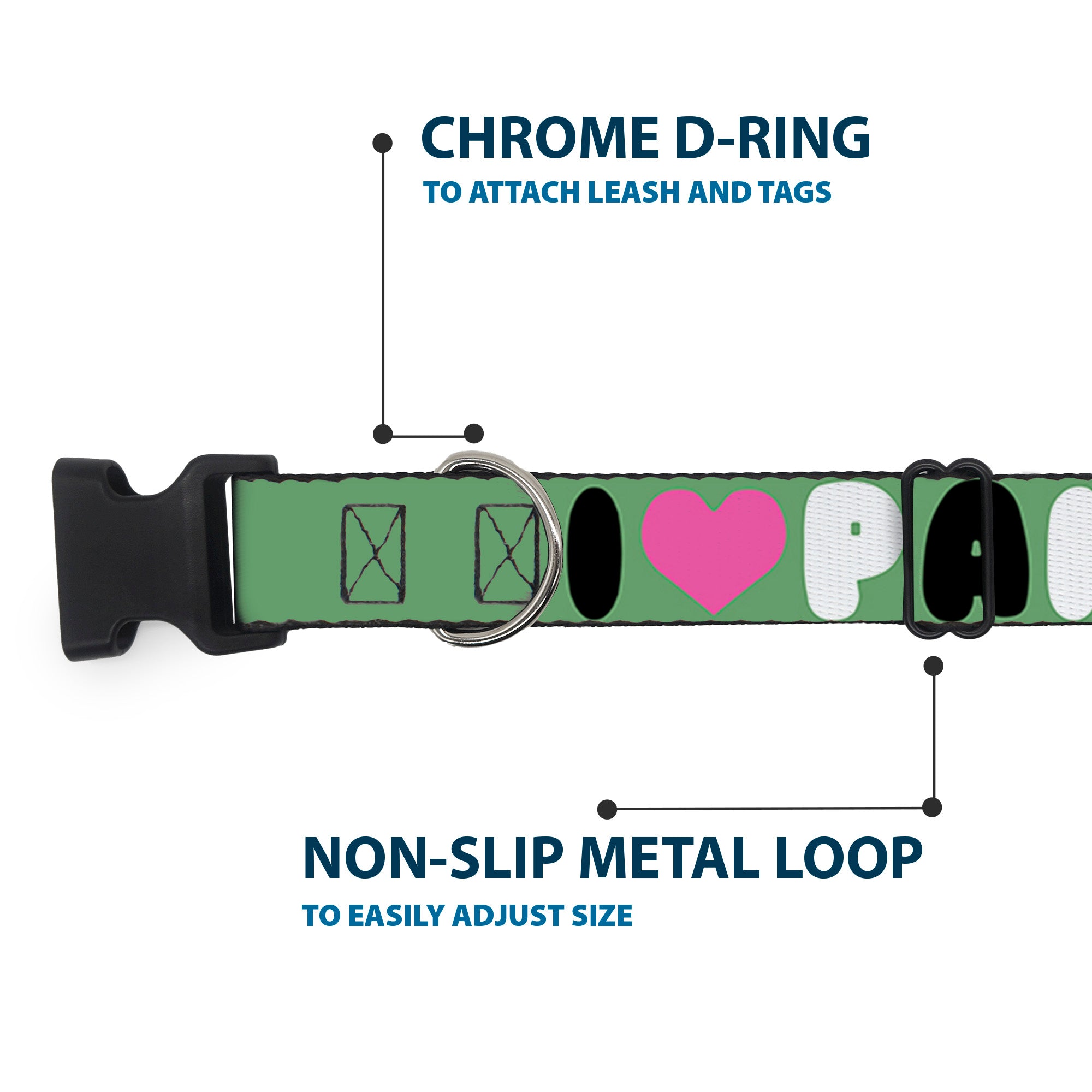 Plastic Clip Collar - I "Heart" PANDAS Green/White/Black/Pink Plastic Clip Collars Buckle-Down