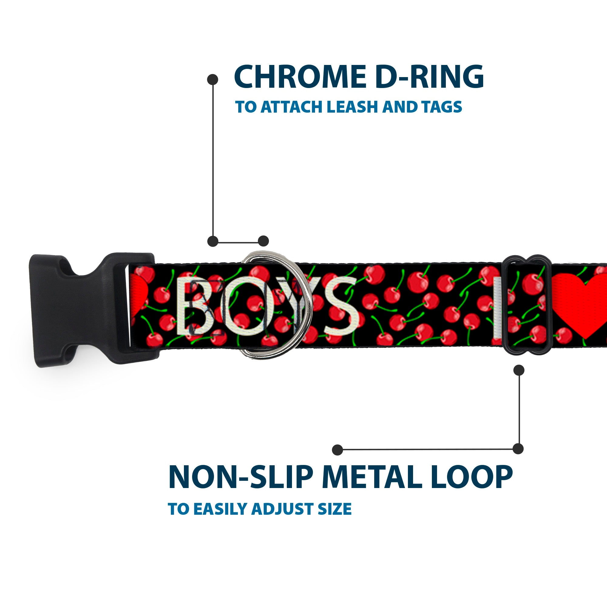 Plastic Clip Collar - I Heart BOYS Black/Cherries Plastic Clip Collars Buckle-Down