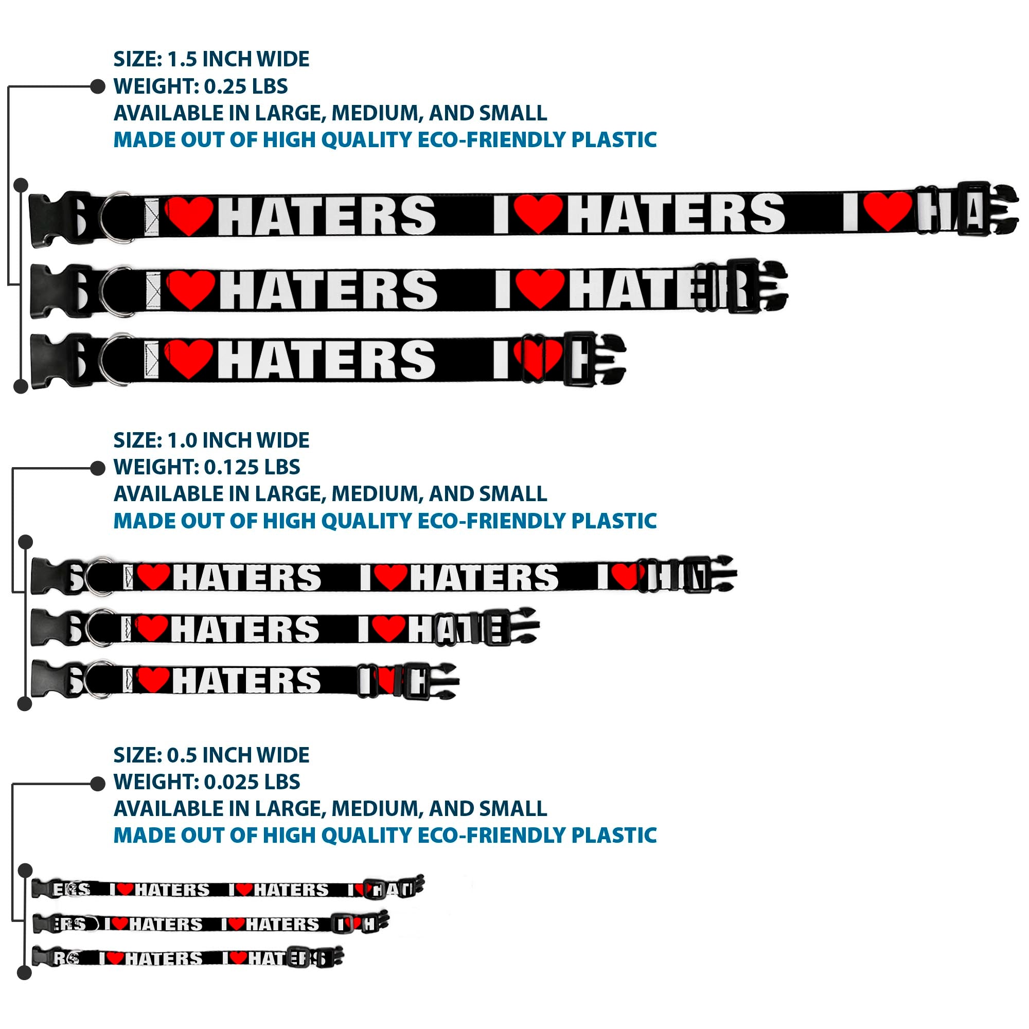 Plastic Clip Collar - I "Heart" HATERS Black/White/Red Plastic Clip Collars Buckle-Down
