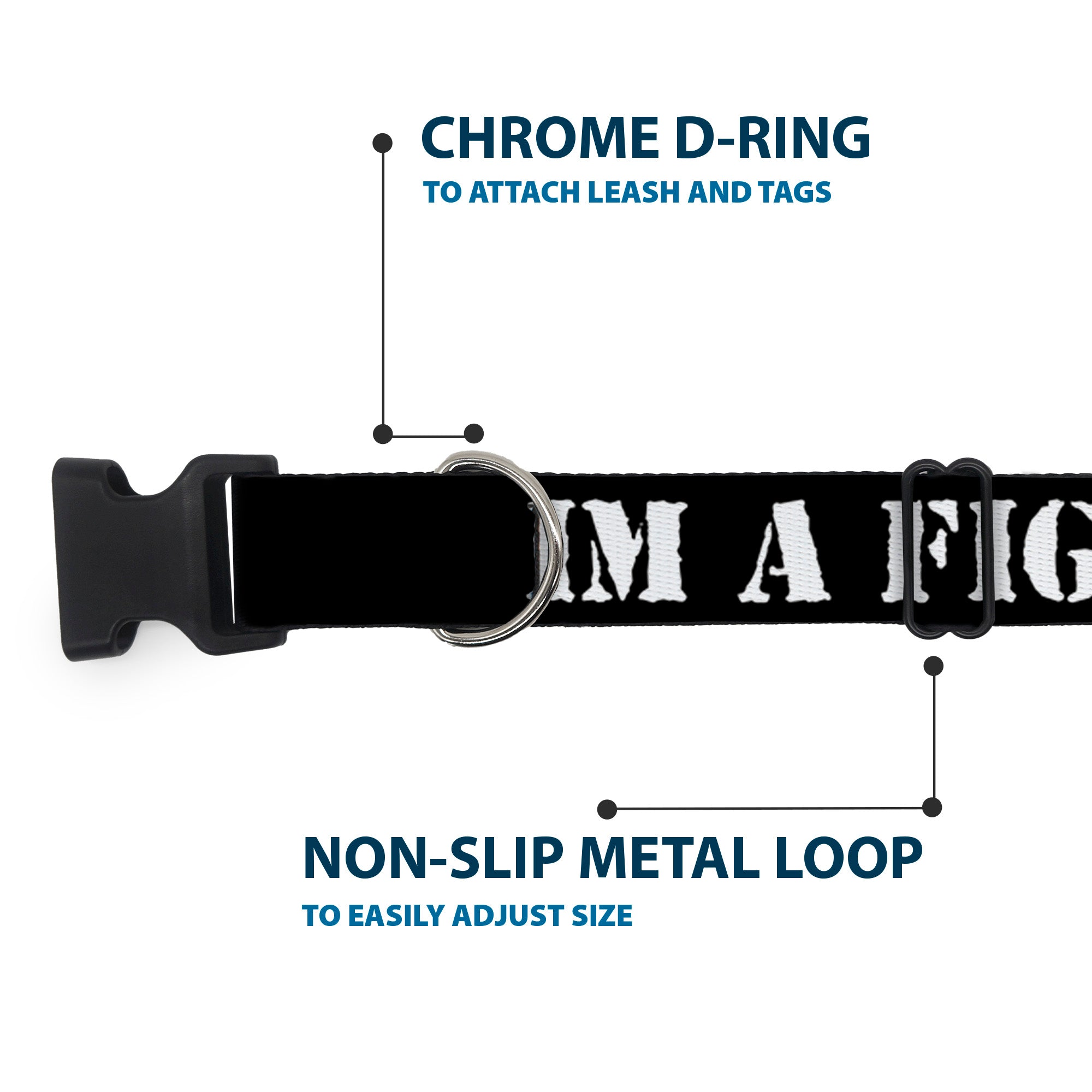 Plastic Clip Collar - I'M A FIGHTER Black/White Plastic Clip Collars Buckle-Down