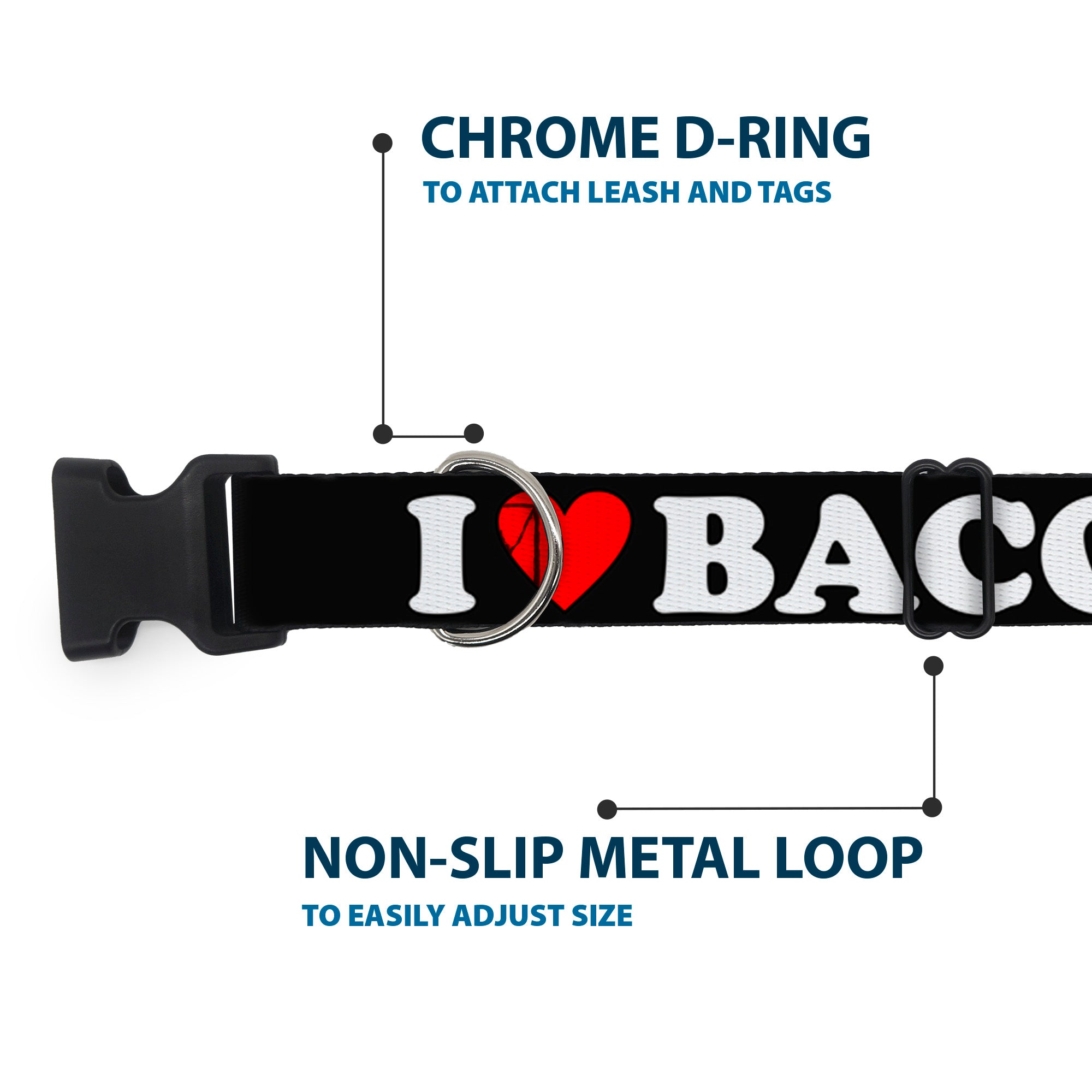 Plastic Clip Collar - I "HEART" BACON Black/White/Red Plastic Clip Collars Buckle-Down