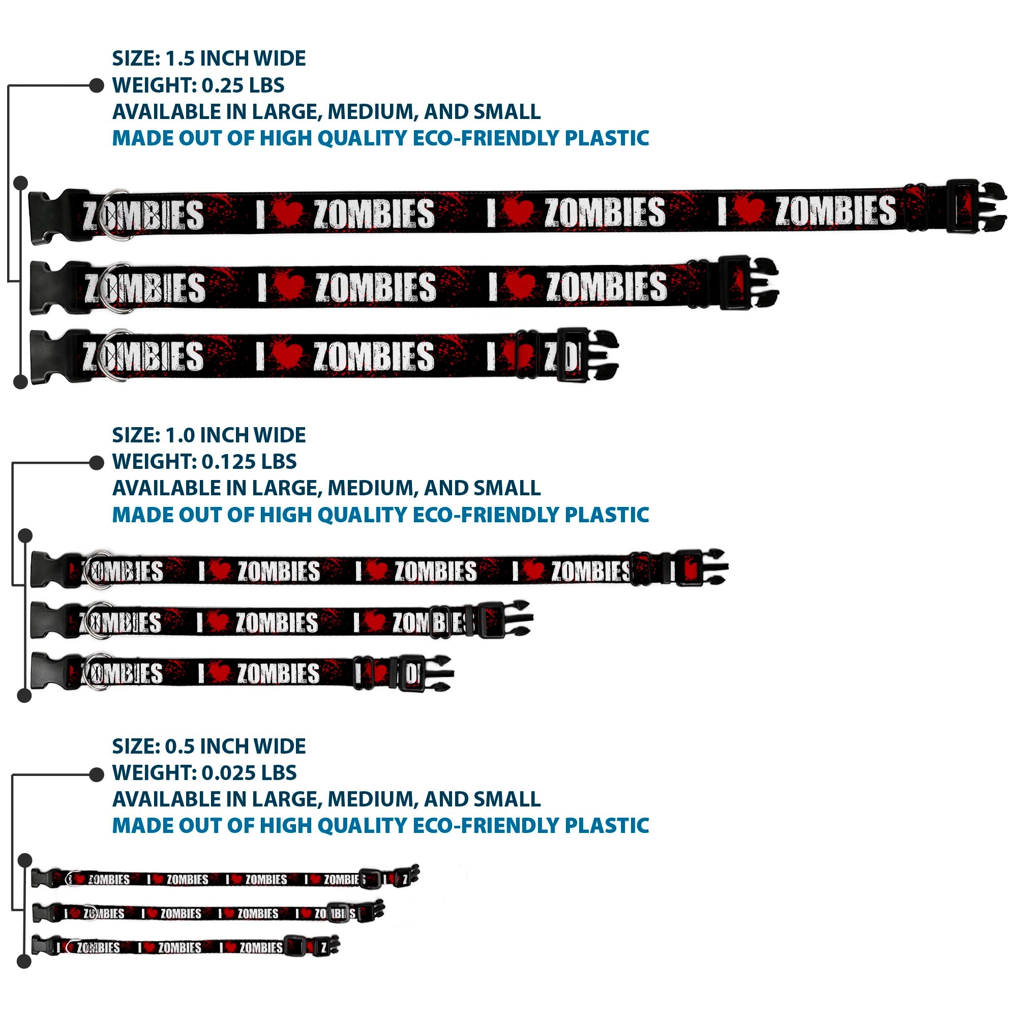 Plastic Clip Collar - I "HEART" ZOMBIES Black/White/Red Splatter Plastic Clip Collars Buckle-Down