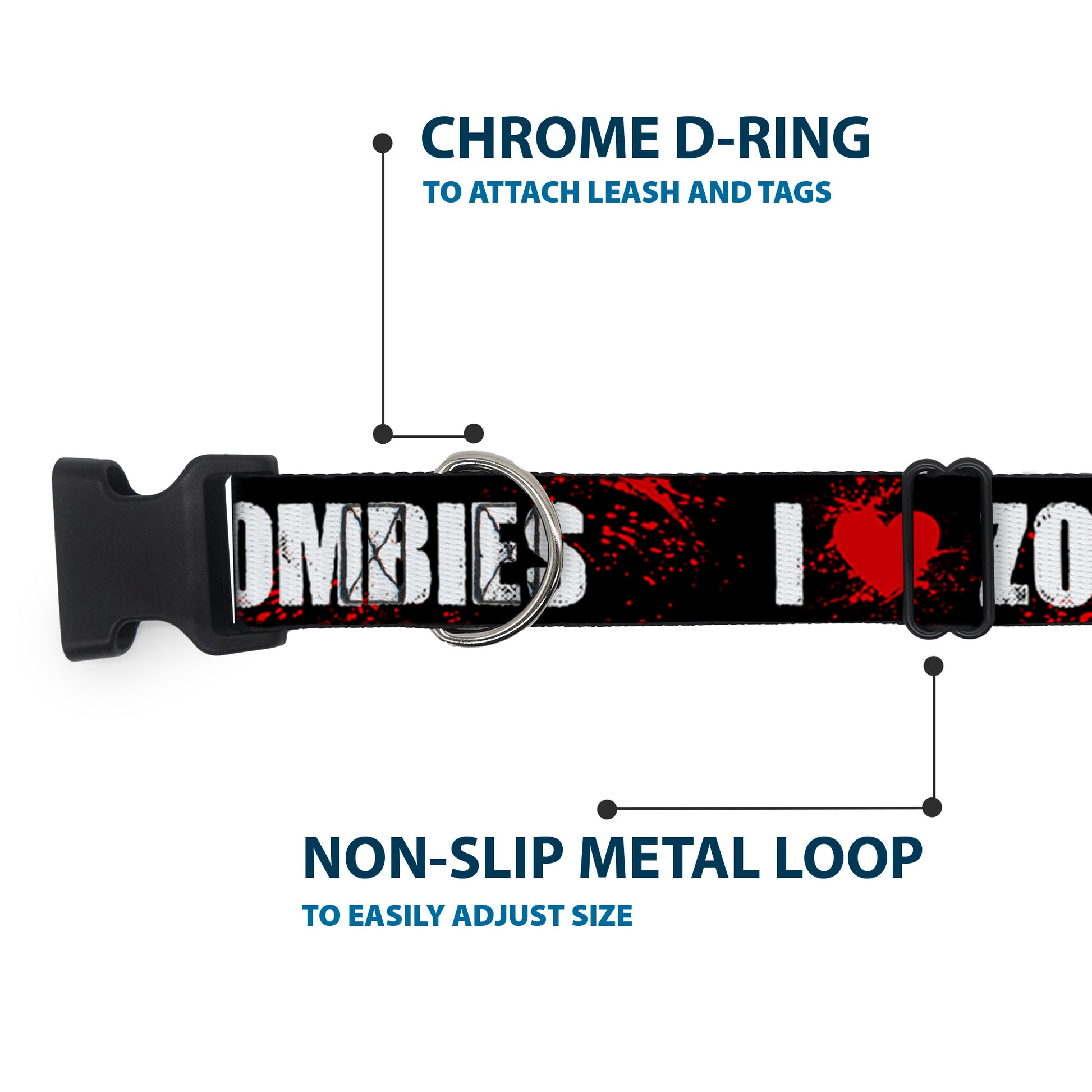 Plastic Clip Collar - I "HEART" ZOMBIES Black/White/Red Splatter Plastic Clip Collars Buckle-Down