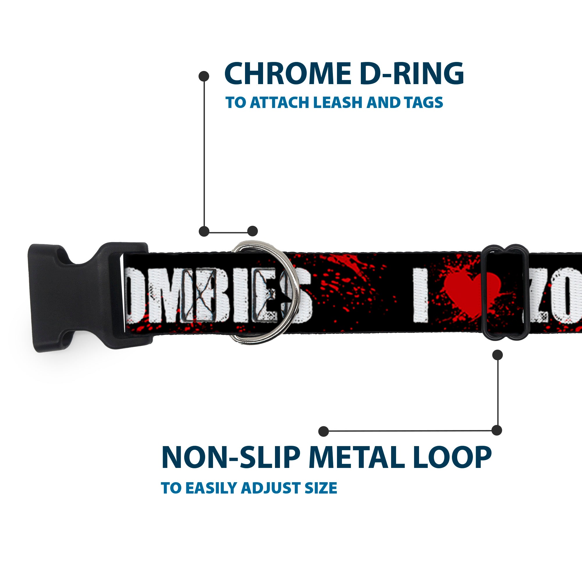 Plastic Clip Collar - I "HEART" ZOMBIES Black/White/Red Splatter Plastic Clip Collars Buckle-Down