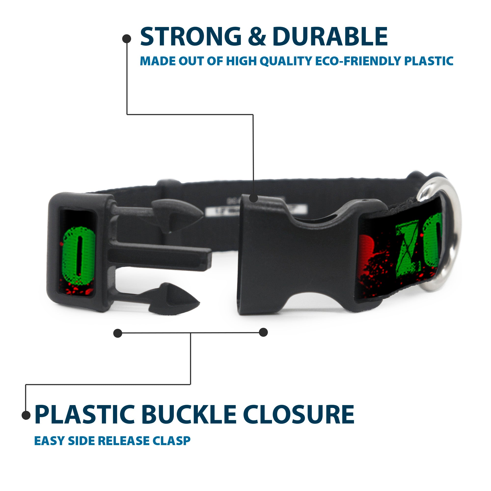 Plastic Clip Collar - I "HEART" ZOMBIES Black/Green/Red Splatter Plastic Clip Collars Buckle-Down