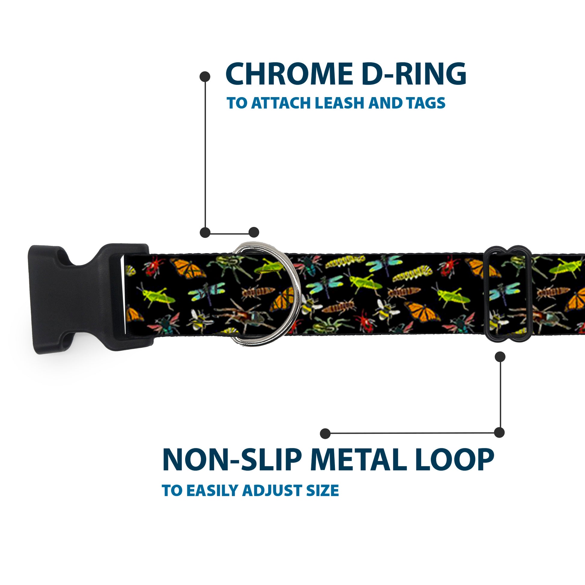 Plastic Clip Collar - Insects Scattered Black Plastic Clip Collars Buckle-Down