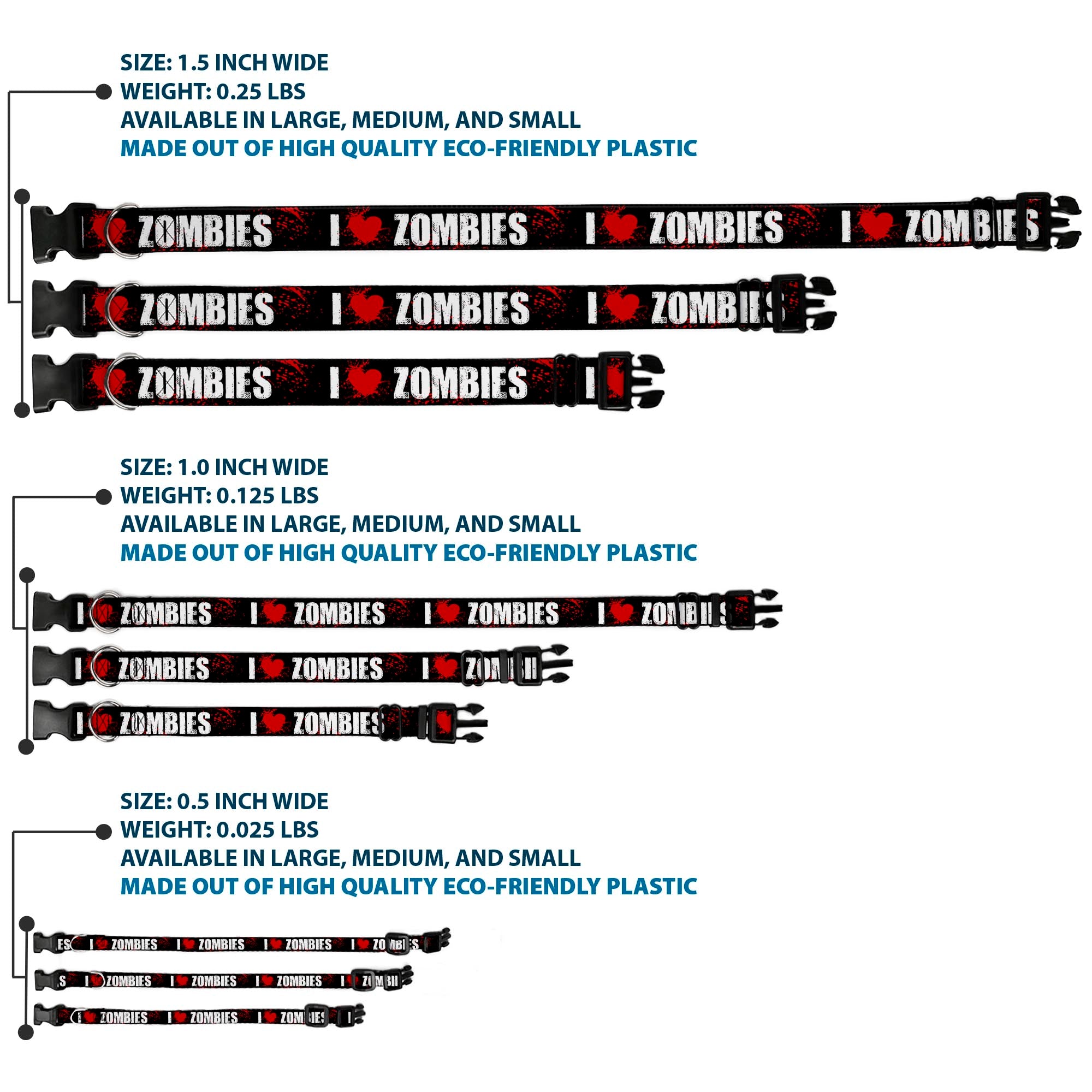 Plastic Clip Collar - I "Heart" ZOMBIES Bold Splatter Black/White/Red Plastic Clip Collars Buckle-Down