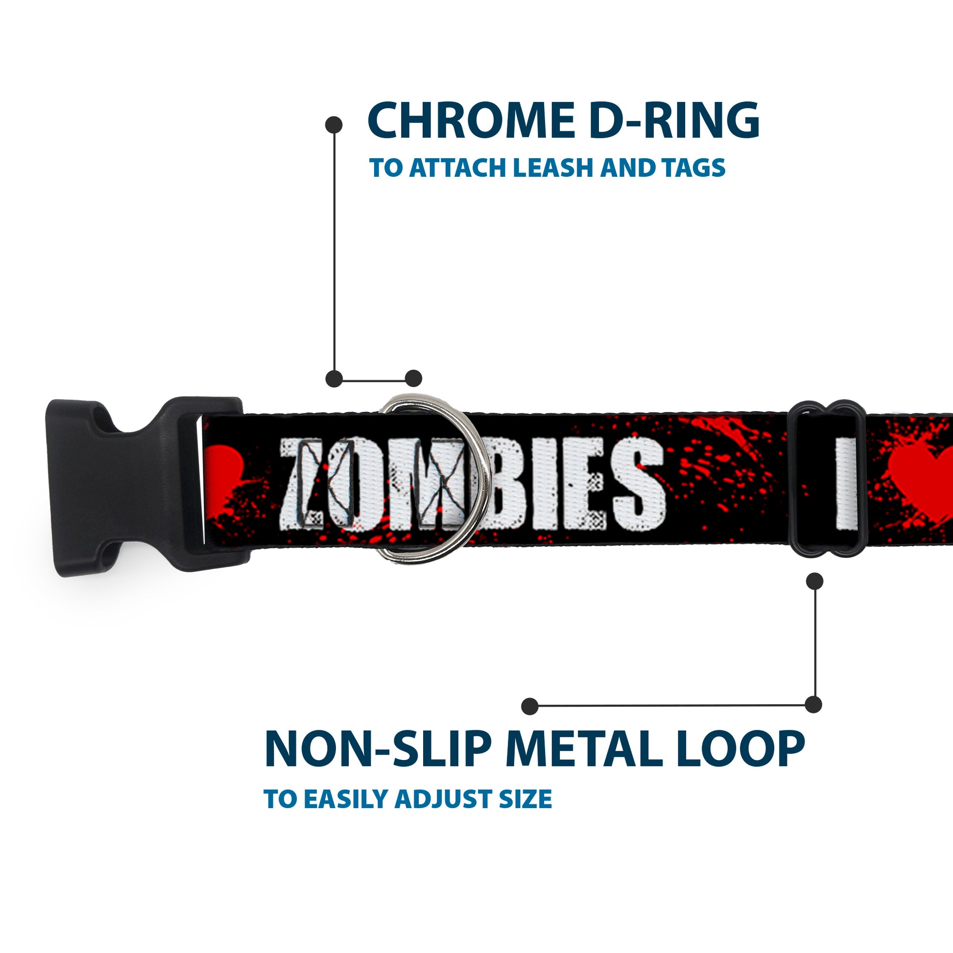 Plastic Clip Collar - I "Heart" ZOMBIES Bold Splatter Black/White/Red Plastic Clip Collars Buckle-Down