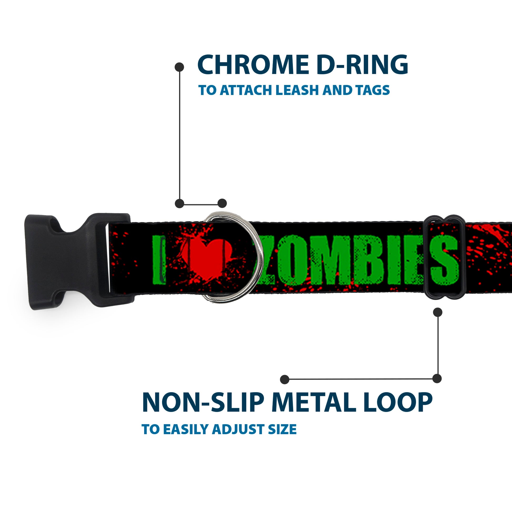 Plastic Clip Collar - I "Heart" ZOMBIES Bold Splatter Black/Green/Red Plastic Clip Collars Buckle-Down