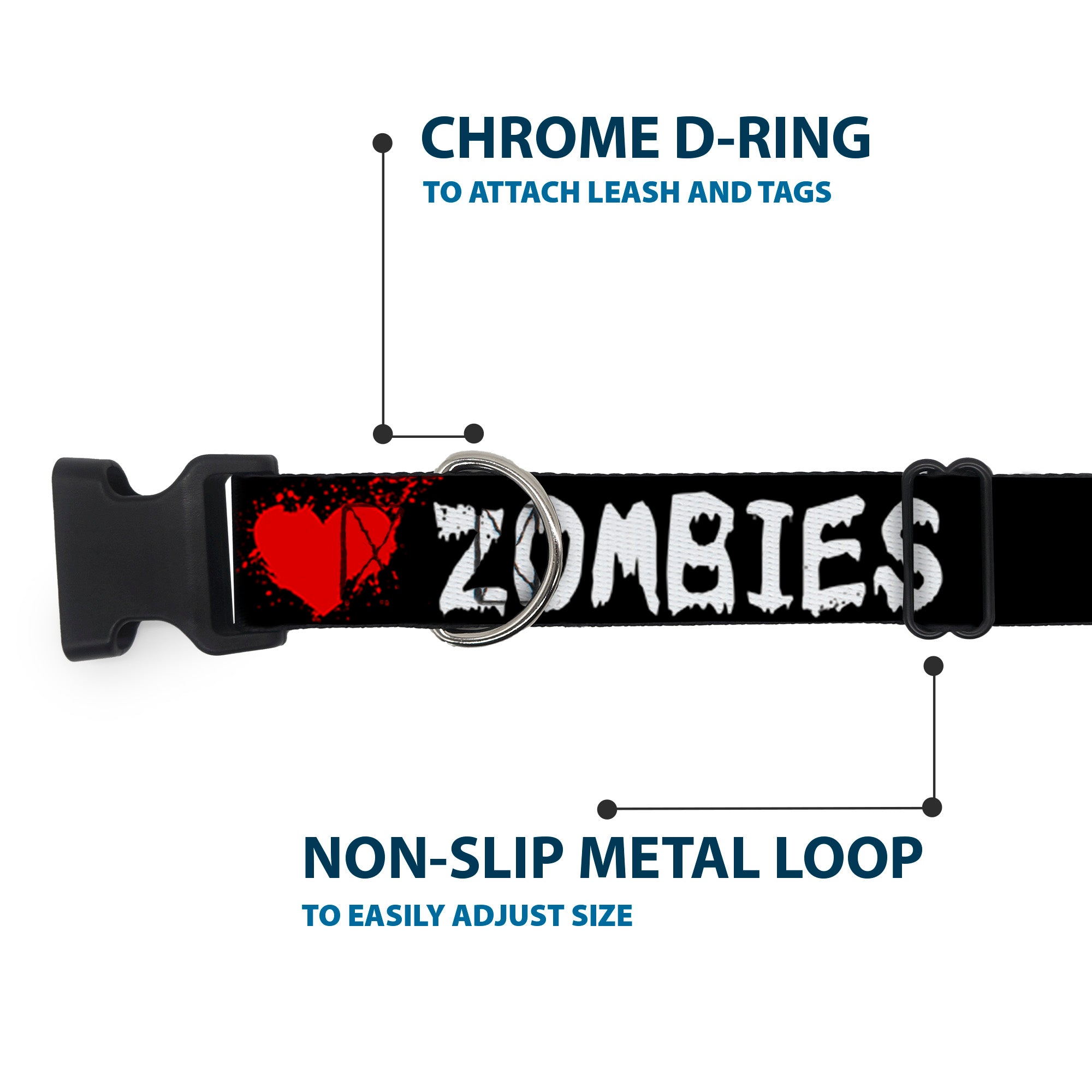 Plastic Clip Collar - I "Heart" ZOMBIES Bloody Splatter Black/White/Red Plastic Clip Collars Buckle-Down