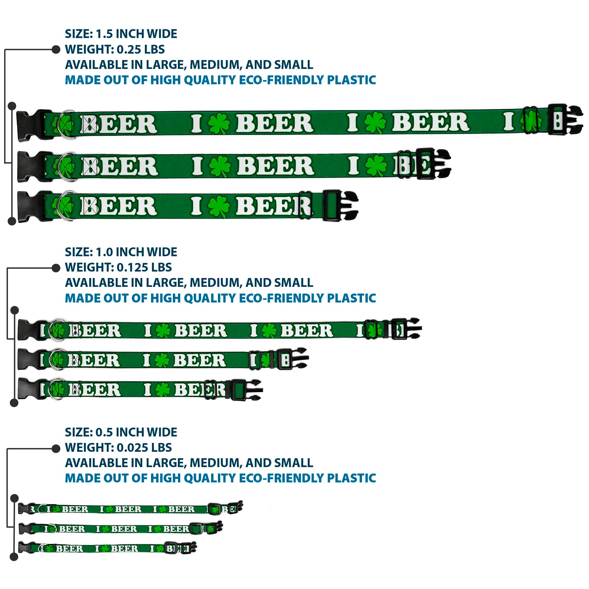 Buckle-Down Plastic Buckle Dog Collar - I "Clover" BEER/Clover Outlines Greens/White Plastic Clip Collars Buckle-Down