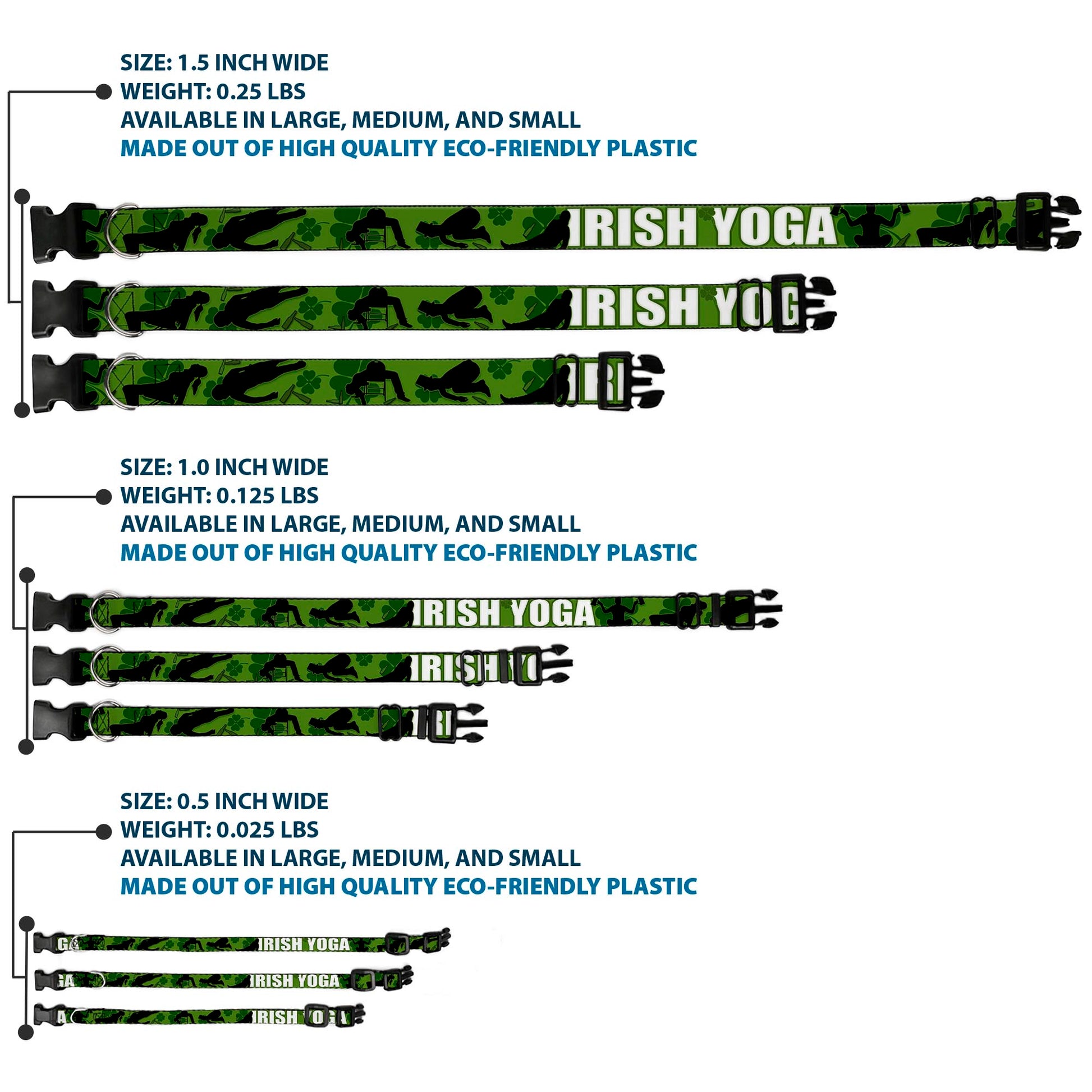 Buckle-Down Plastic Buckle Dog Collar - IRISH YOGA Poses/Clovers Greens/Black/White Plastic Clip Collars Buckle-Down