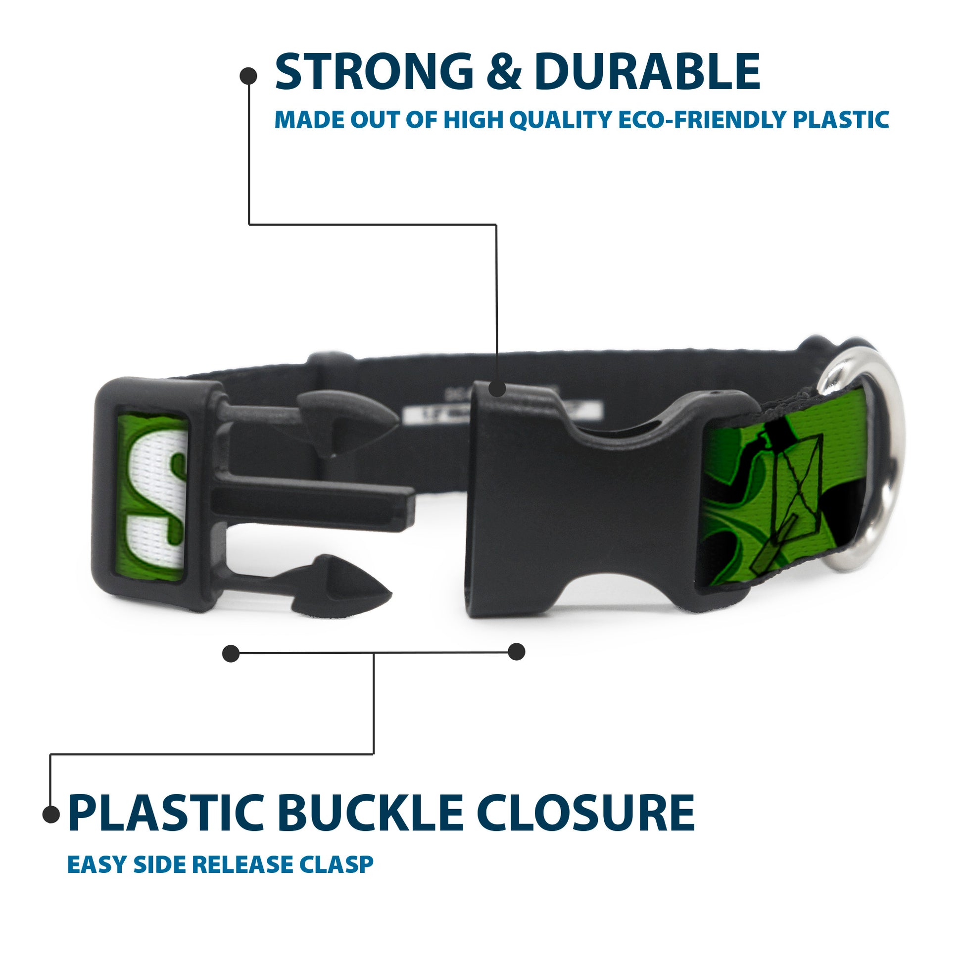 Buckle-Down Plastic Buckle Dog Collar - IRISH YOGA Poses/Clovers Greens/Black/White Plastic Clip Collars Buckle-Down