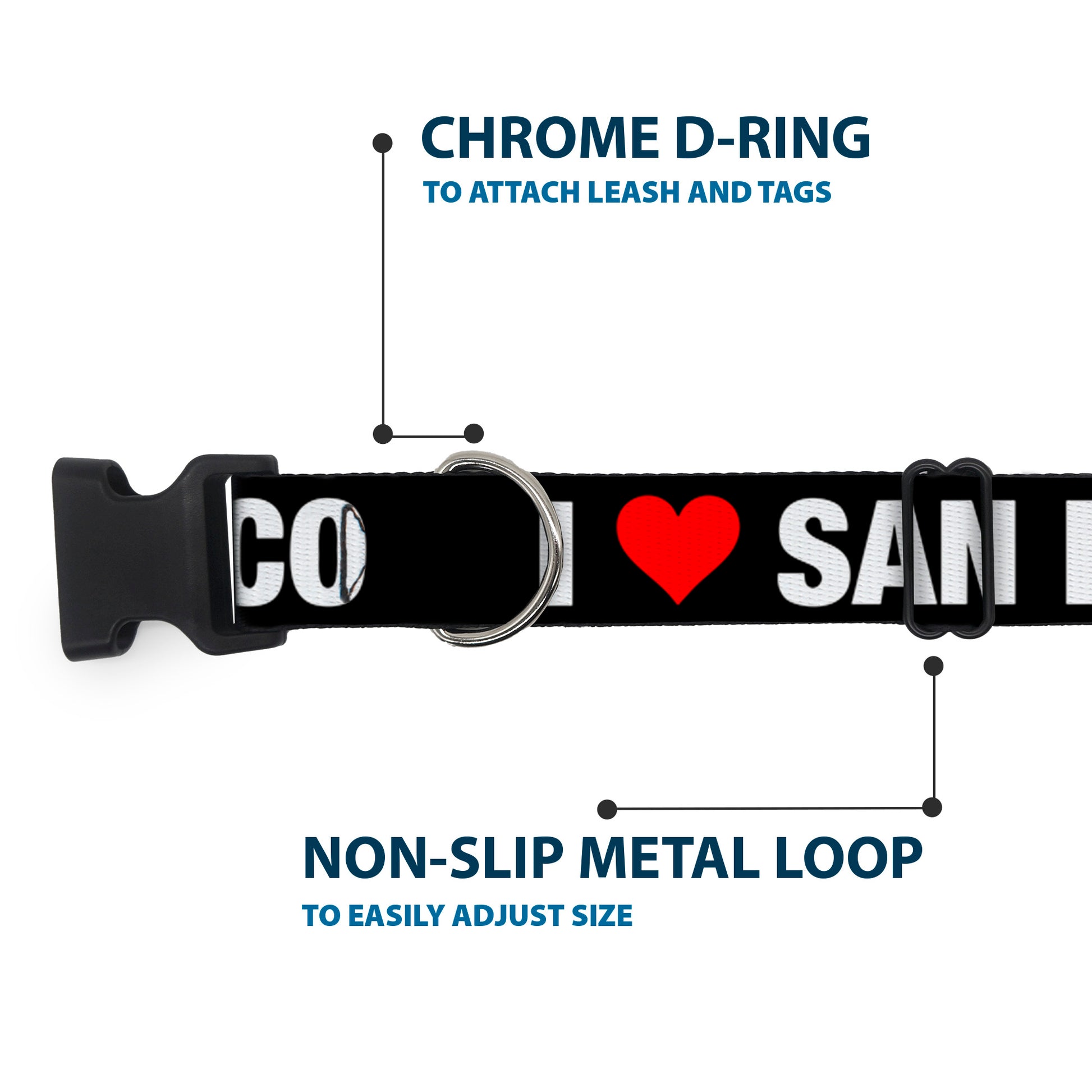 Plastic Clip Collar - I "HEART" SAN FRANCISCO Black/White/Red Plastic Clip Collars Buckle-Down