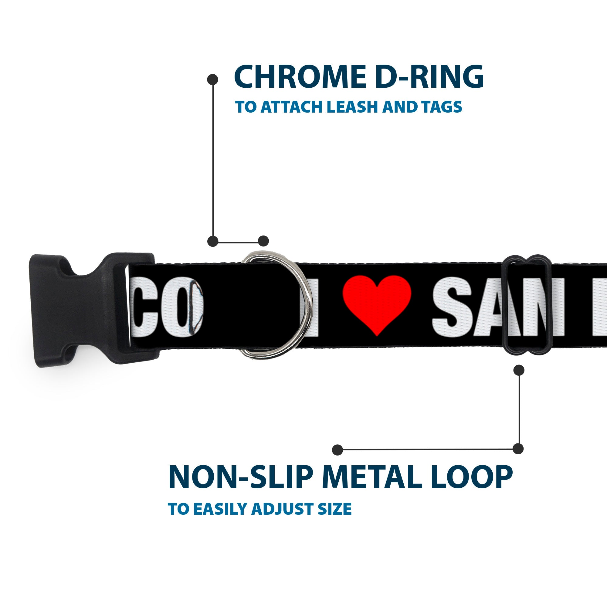 Plastic Clip Collar - I "HEART" SAN FRANCISCO Black/White/Red Plastic Clip Collars Buckle-Down