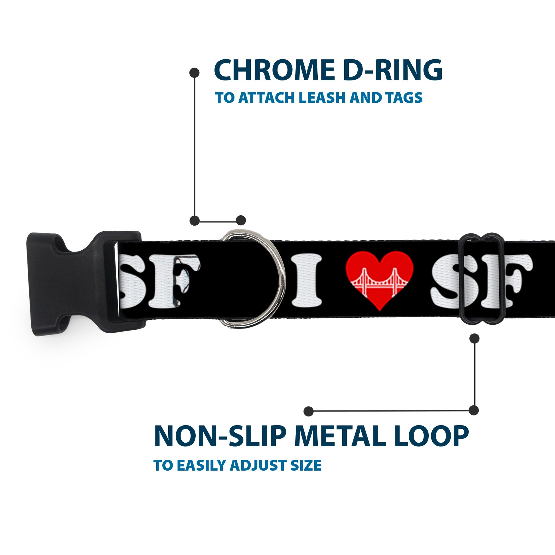 Plastic Clip Collar - I "HEART BRIDGE" SF Black/White/Red Plastic Clip Collars Buckle-Down