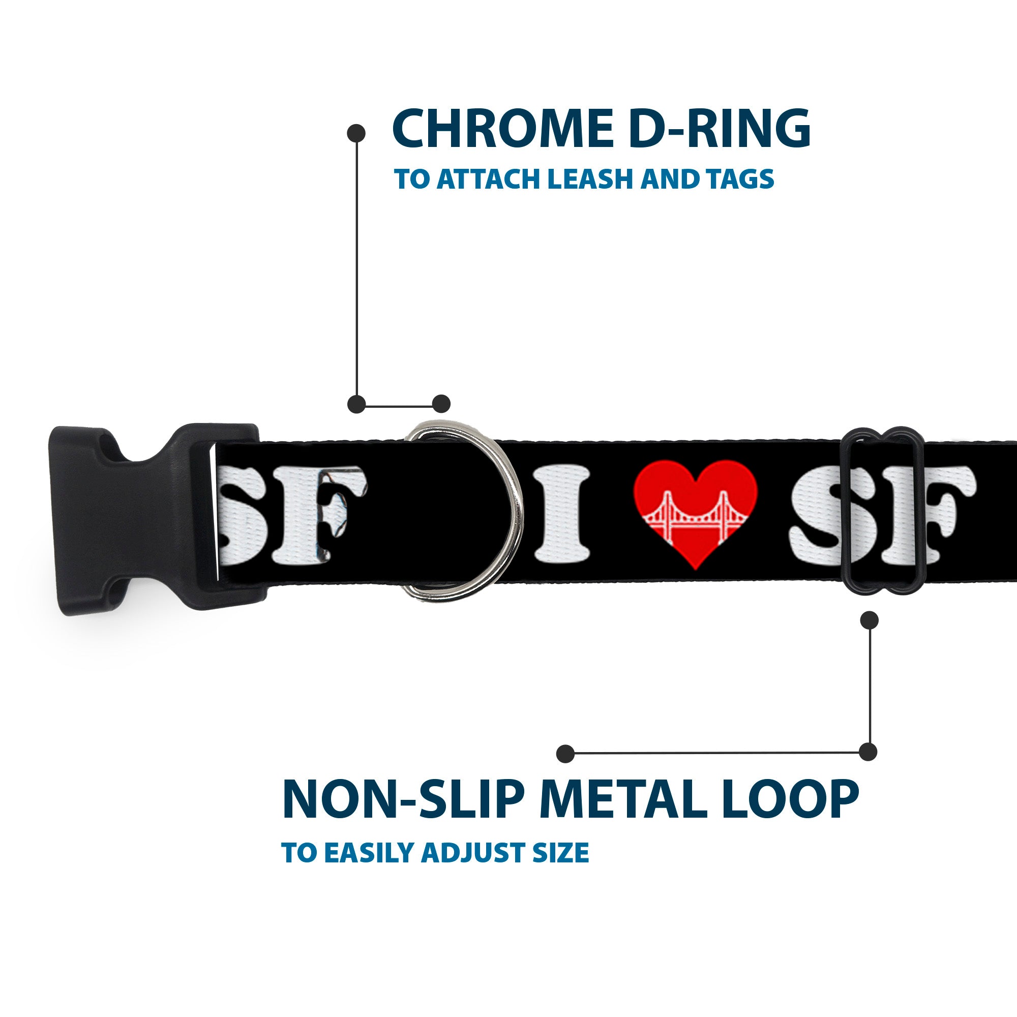 Plastic Clip Collar - I "HEART BRIDGE" SF Black/White/Red Plastic Clip Collars Buckle-Down