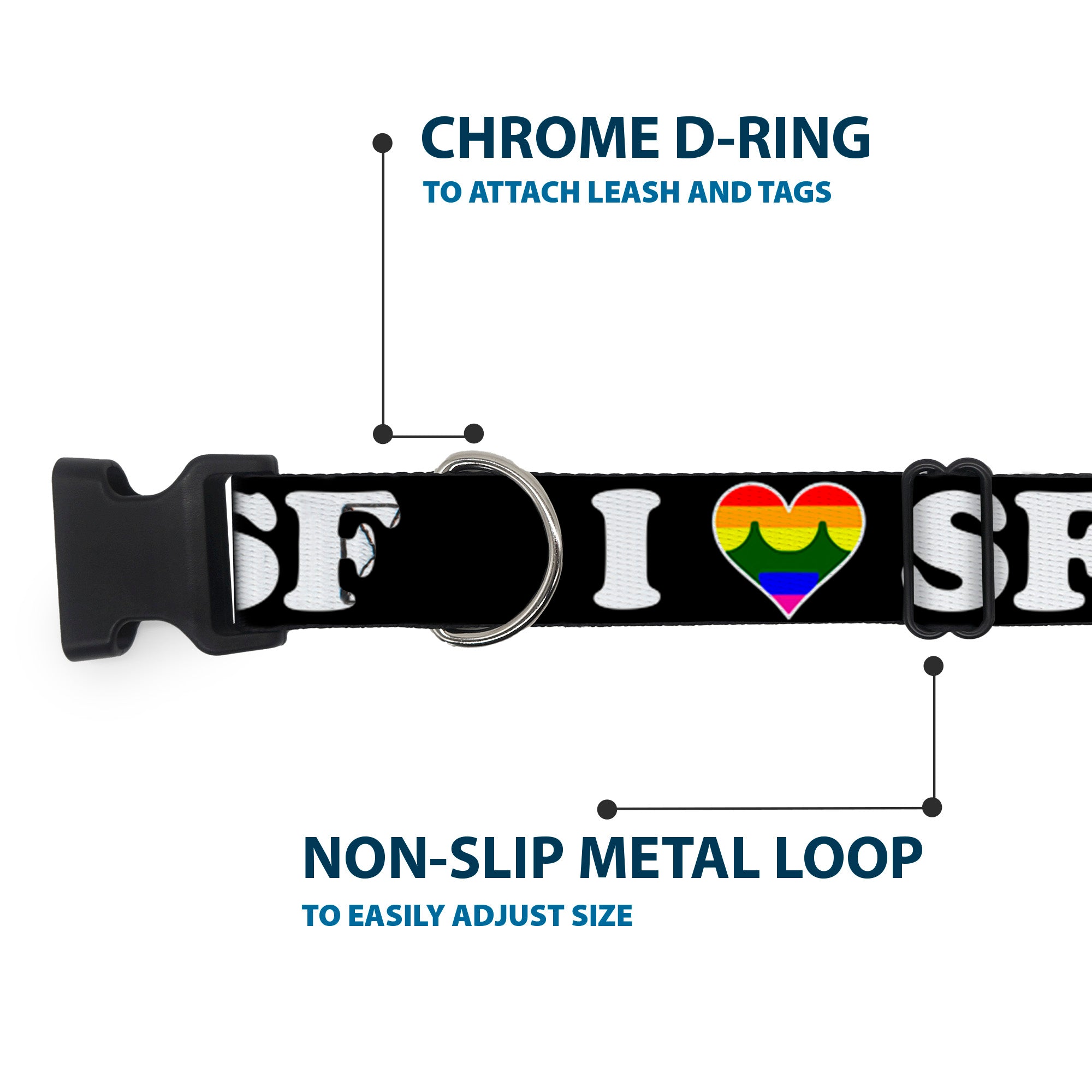 Plastic Clip Collar - I "HEART BRIDGE" SF Black/White/Rainbow Plastic Clip Collars Buckle-Down