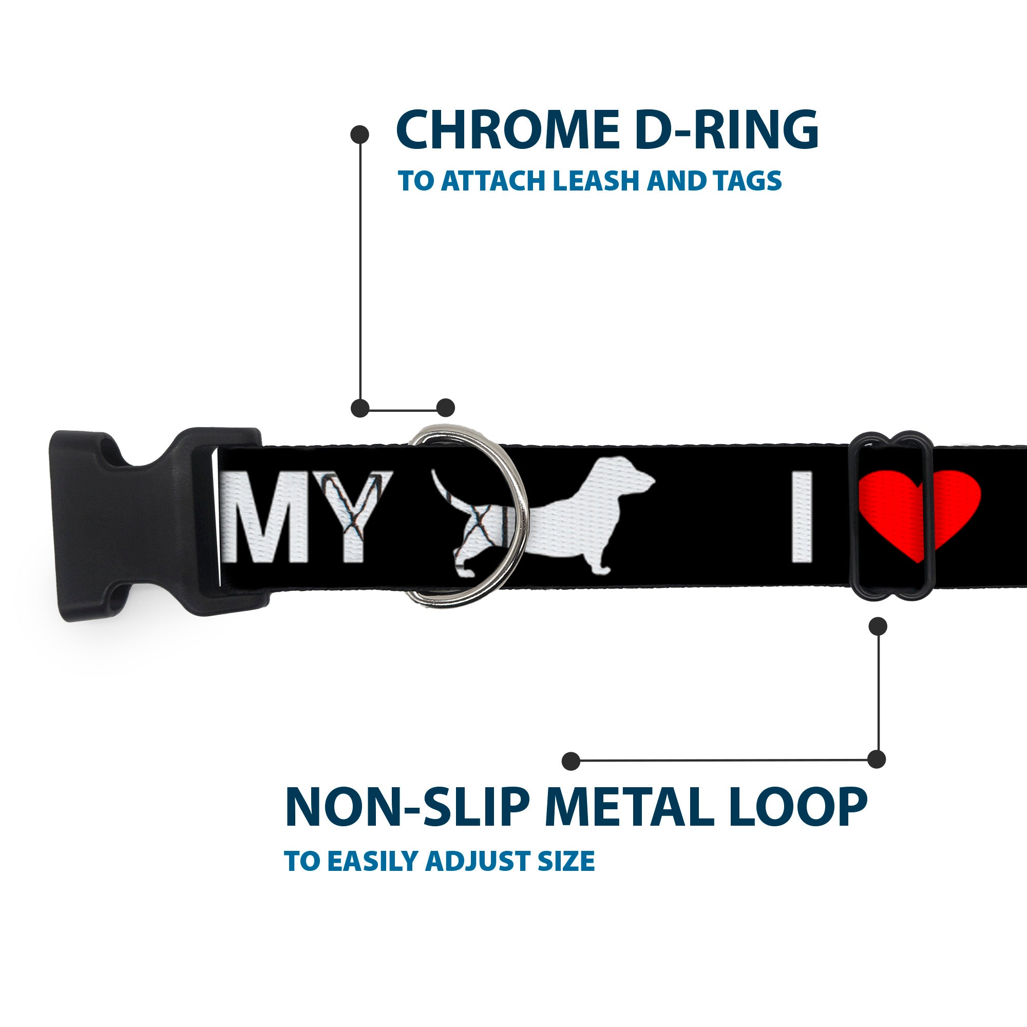 Plastic Clip Collar - I "HEART" MY "WIENER" Dog Silhouette Black/White/Red Plastic Clip Collars Buckle-Down