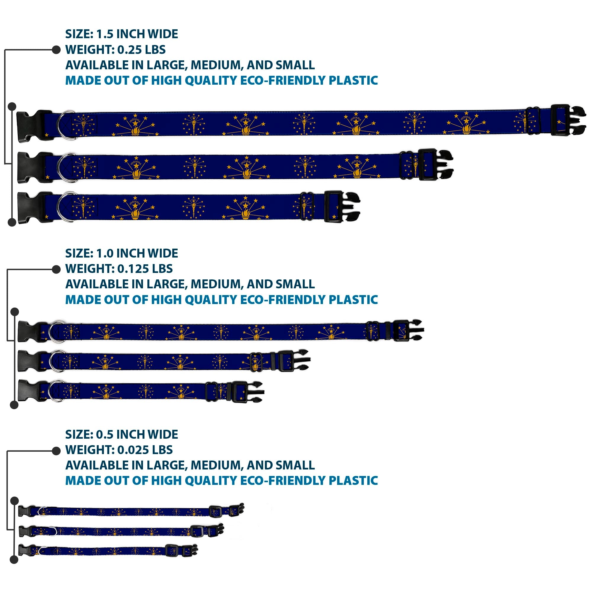 Plastic Clip Collar - Indiana Flag/Torch CLOSE-UP Navy Blue/Gold Plastic Clip Collars Buckle-Down