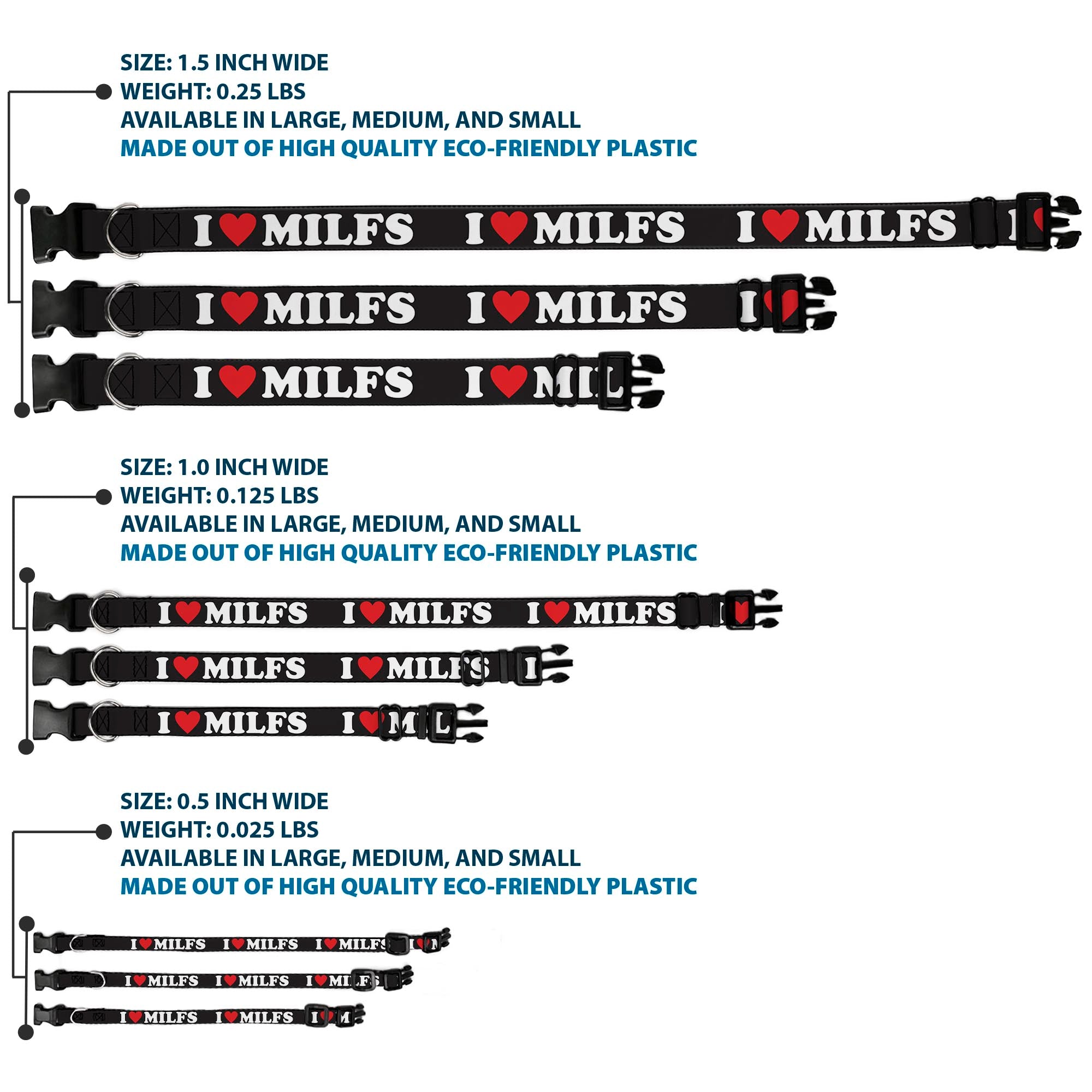 Plastic Clip Collar - I "HEART" MILFS Black/White/Red Plastic Clip Collars Buckle-Down