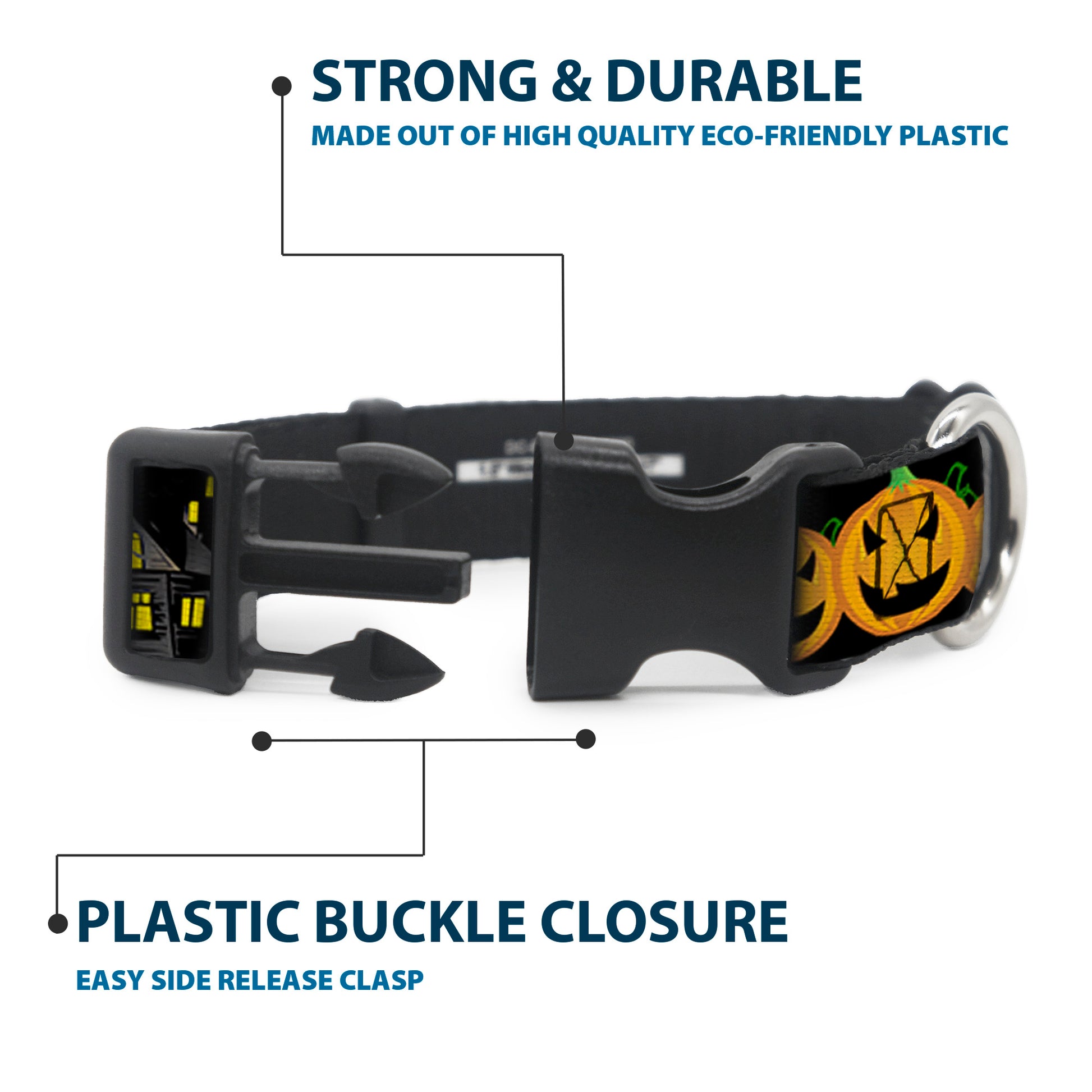 Plastic Clip Collar - Jack-o'-Lanterns/Haunted House Black/Yellow Plastic Clip Collars Buckle-Down